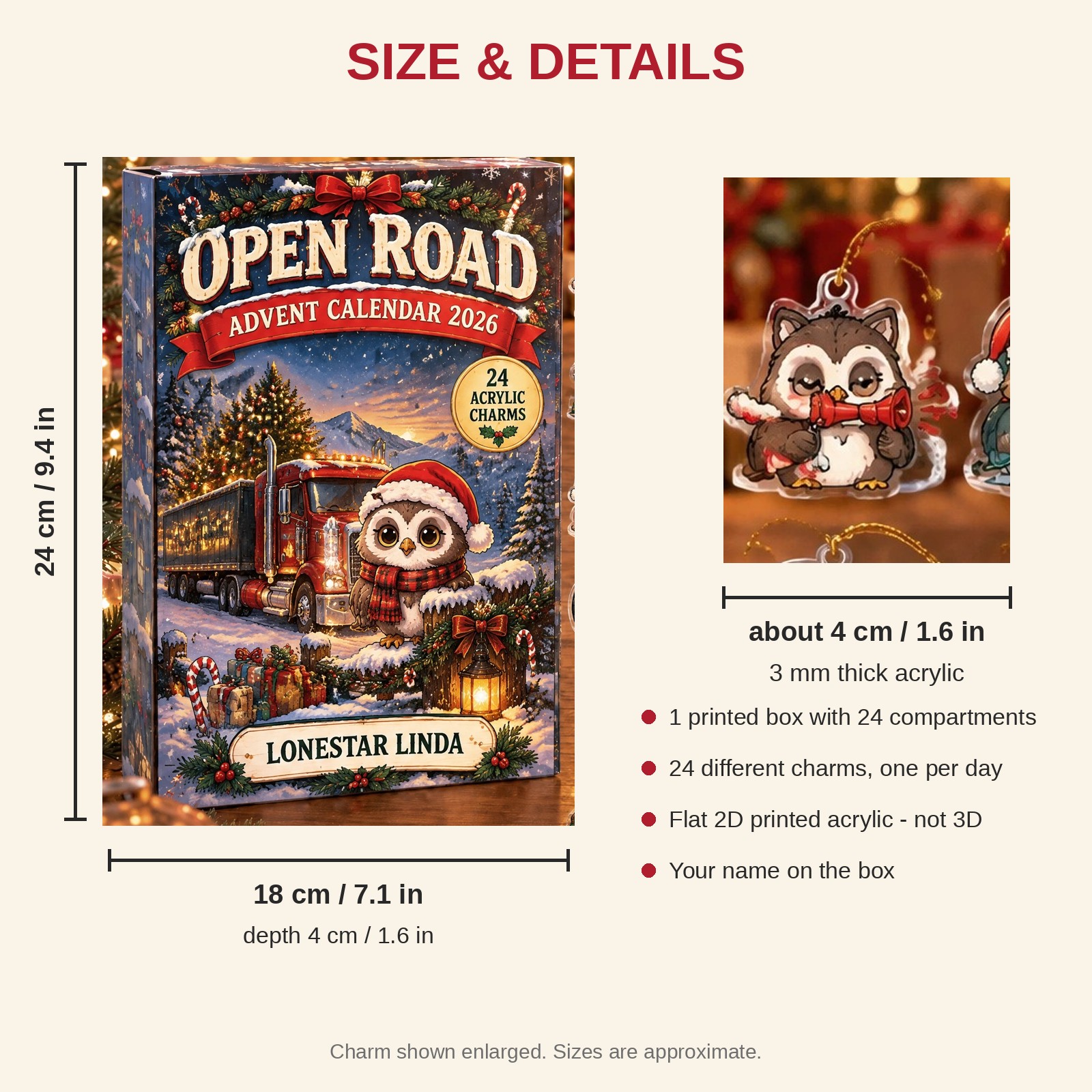 Personalized Trucker Owl advent calendar box with 24 flat acrylic Christmas charms: box and charm sizes