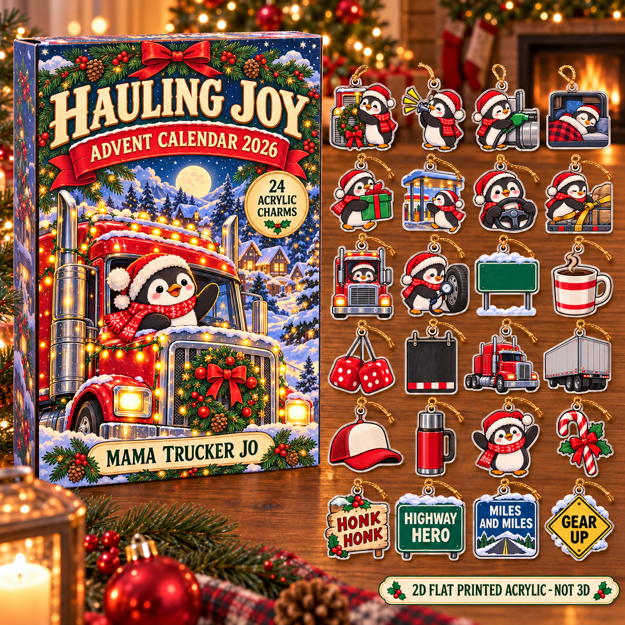 Personalized Trucker Penguin advent calendar box with 24 flat acrylic Christmas charms