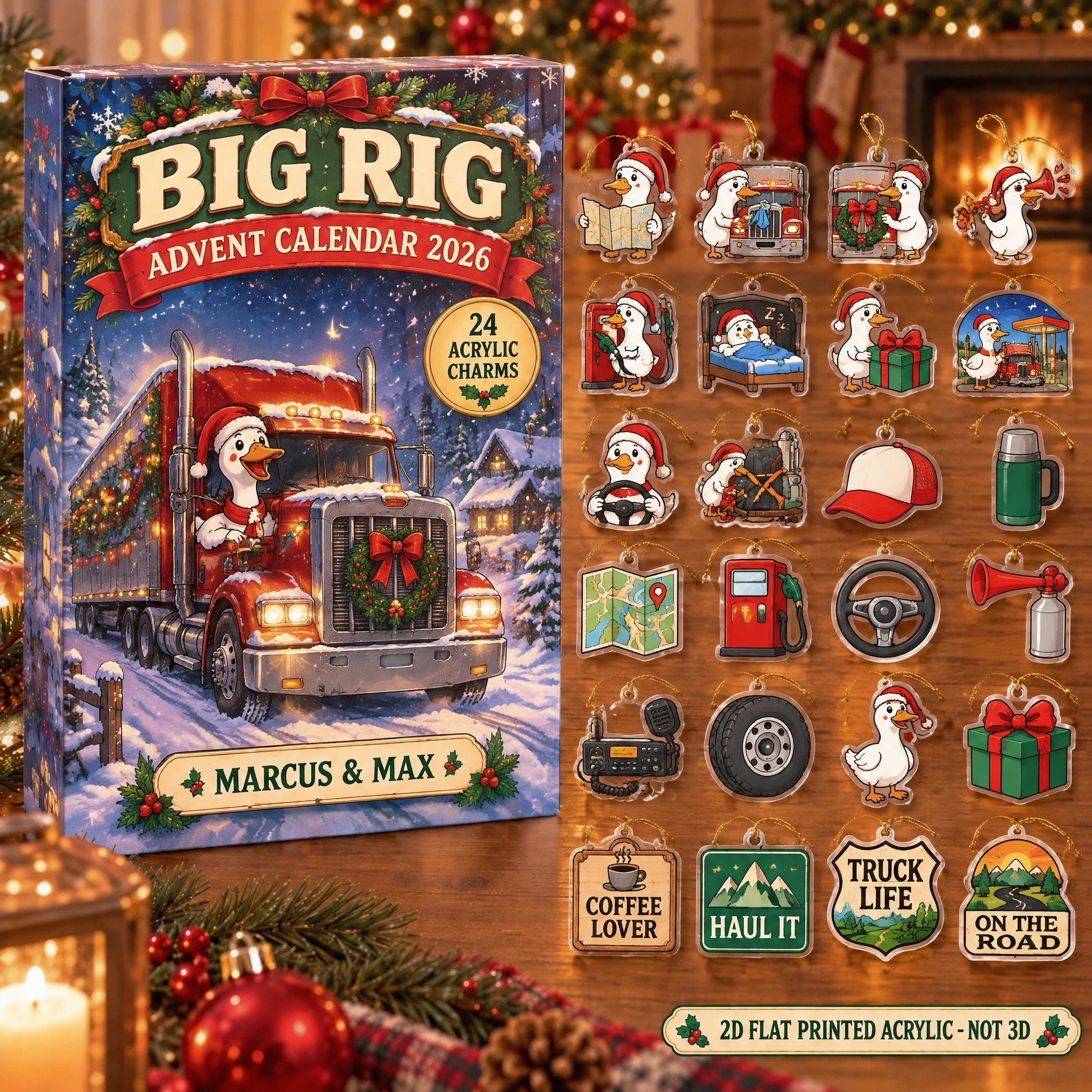 Personalized Trucker Silly Goose advent calendar box with 24 flat acrylic Christmas charms