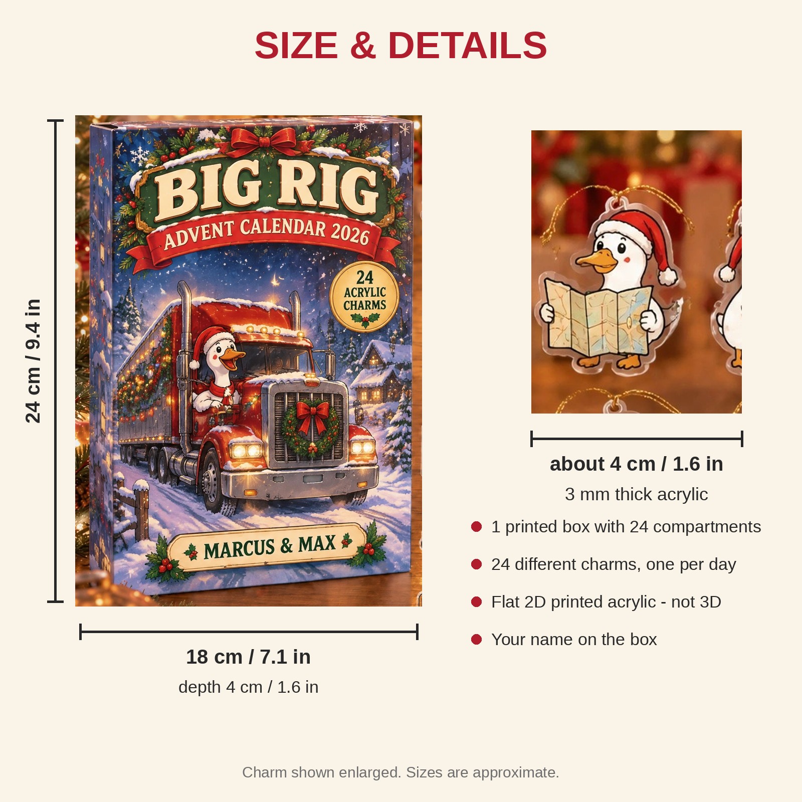 Personalized Trucker Silly Goose advent calendar box with 24 flat acrylic Christmas charms: box and charm sizes