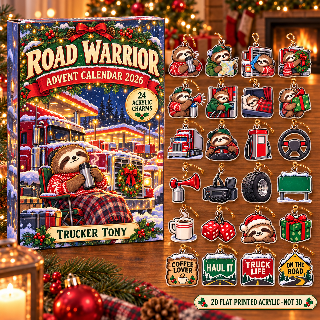 Personalized Trucker Sloth advent calendar box with 24 flat acrylic Christmas charms