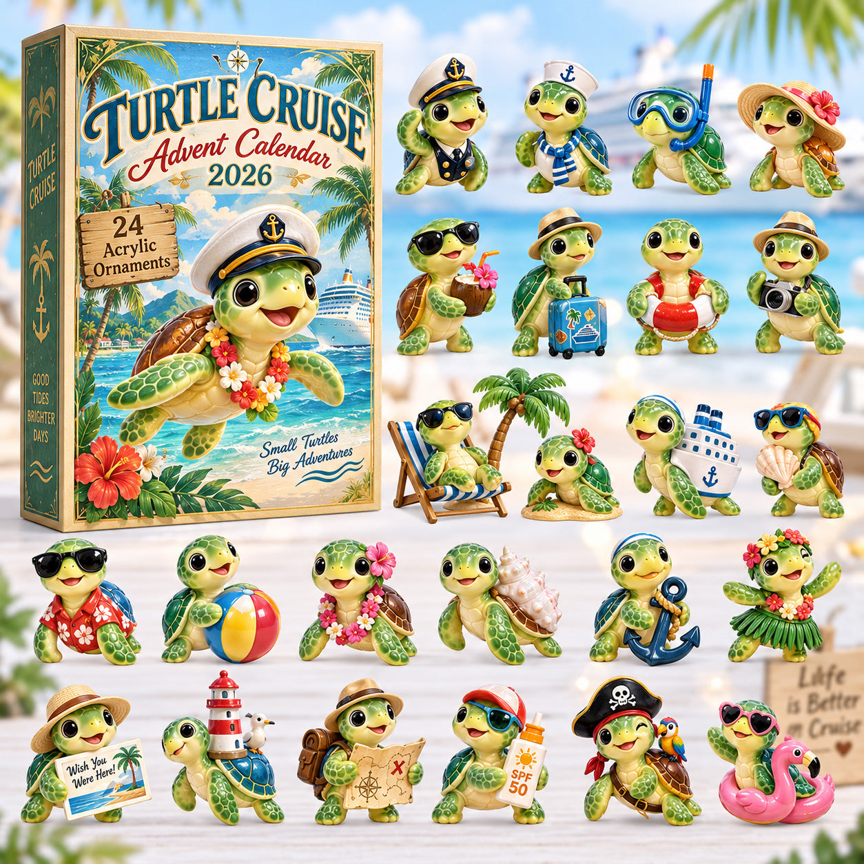 Turtle Cruise advent calendar box with 24 acrylic Christmas charms
