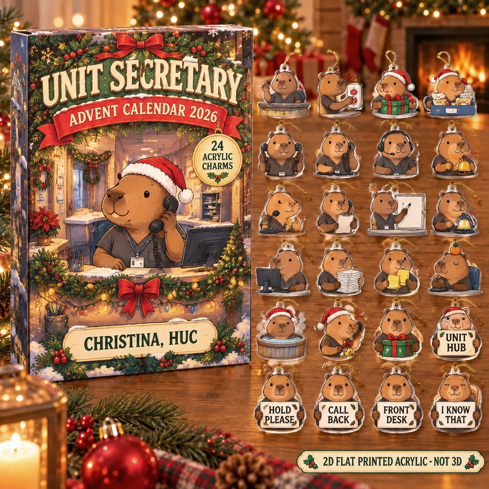 Personalized Unit Secretary Capybara advent calendar box with 24 flat acrylic Christmas charms