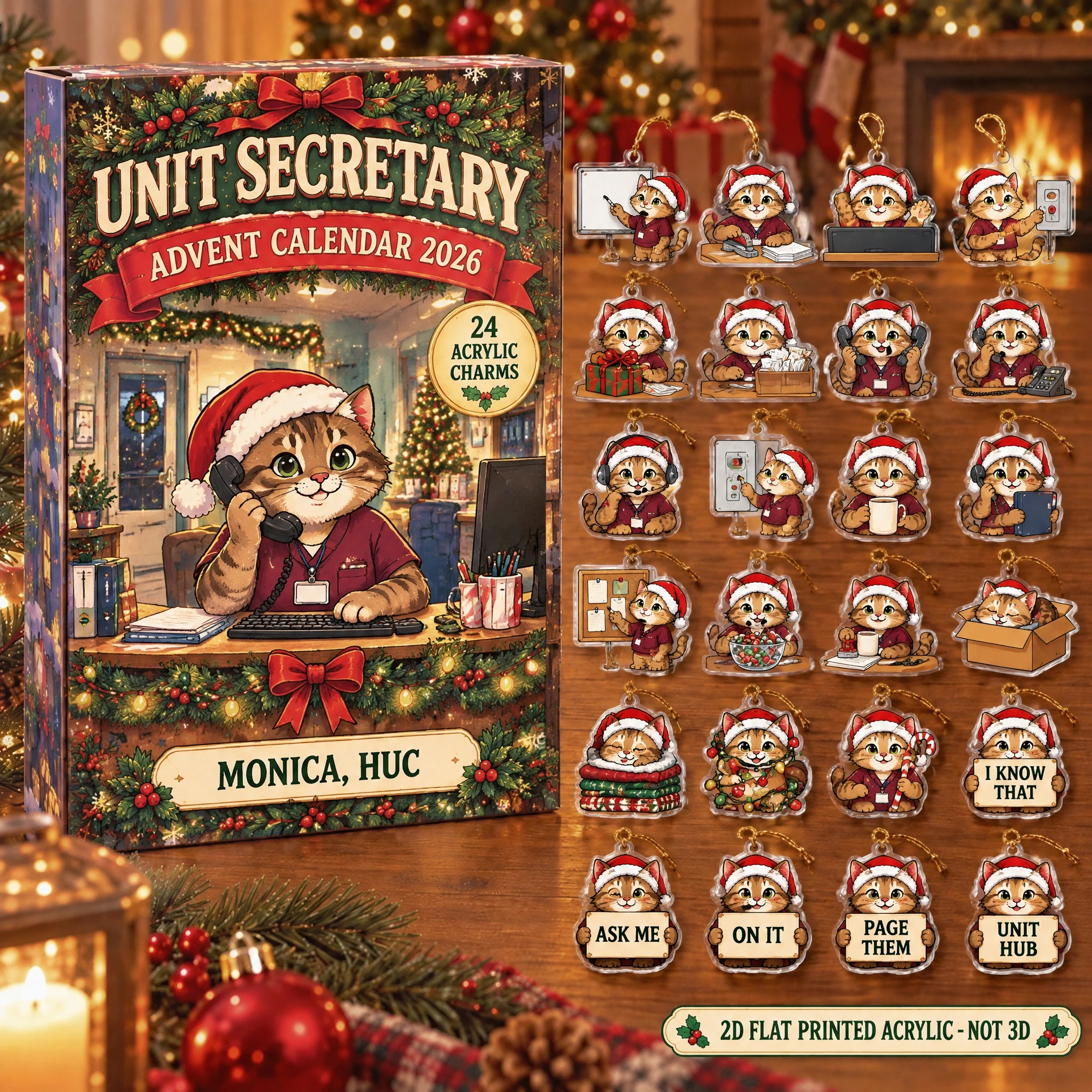 Personalized Unit Secretary Cat advent calendar box with 24 flat acrylic Christmas charms