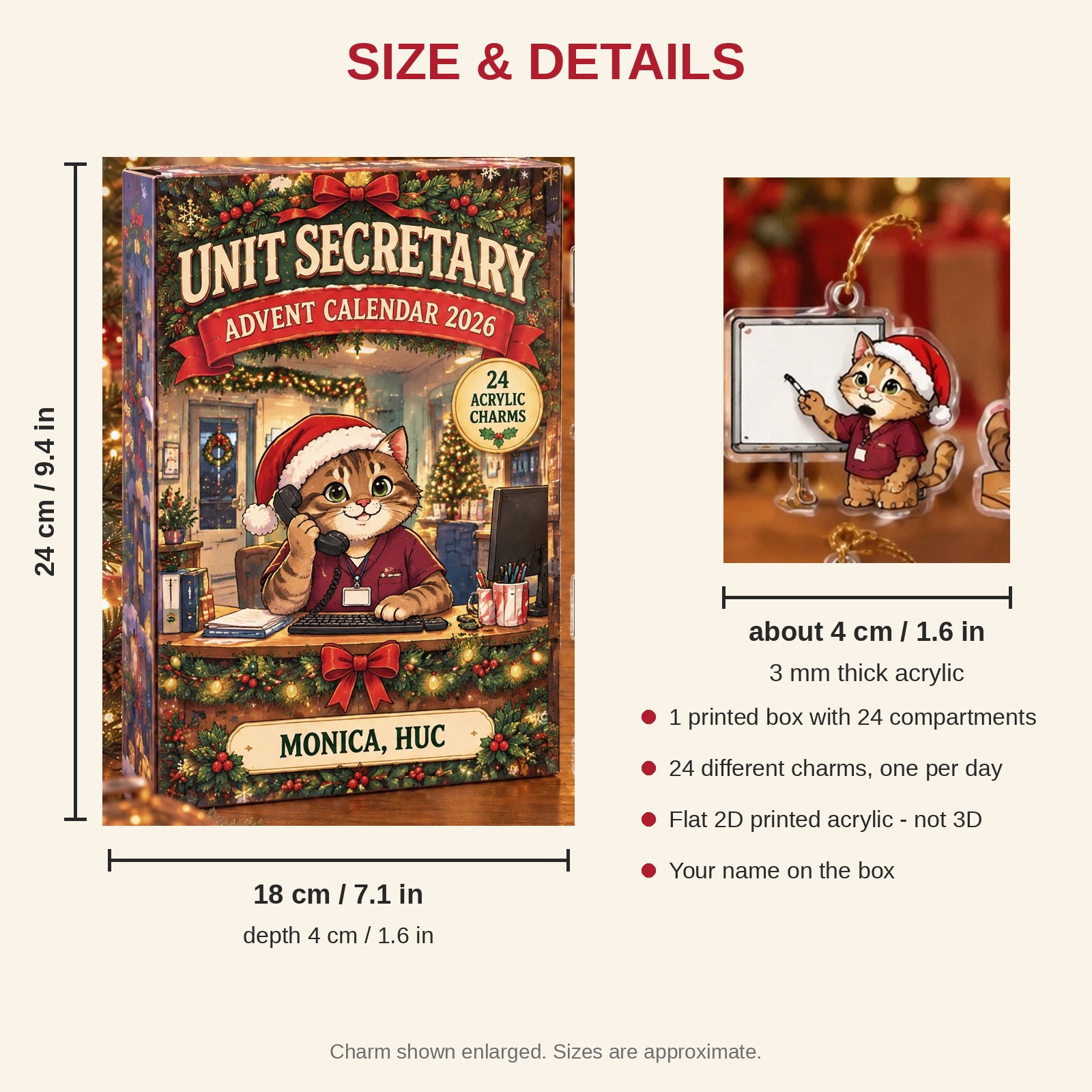Personalized Unit Secretary Cat advent calendar box with 24 flat acrylic Christmas charms: box and charm sizes