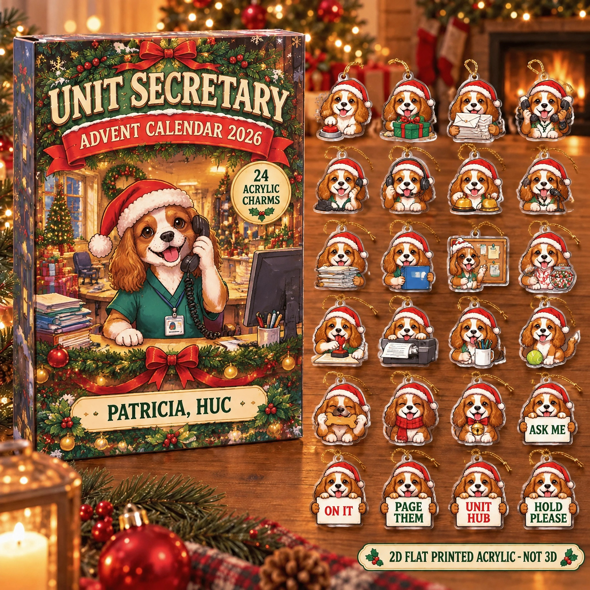 Personalized Unit Secretary Dog advent calendar box with 24 flat acrylic Christmas charms