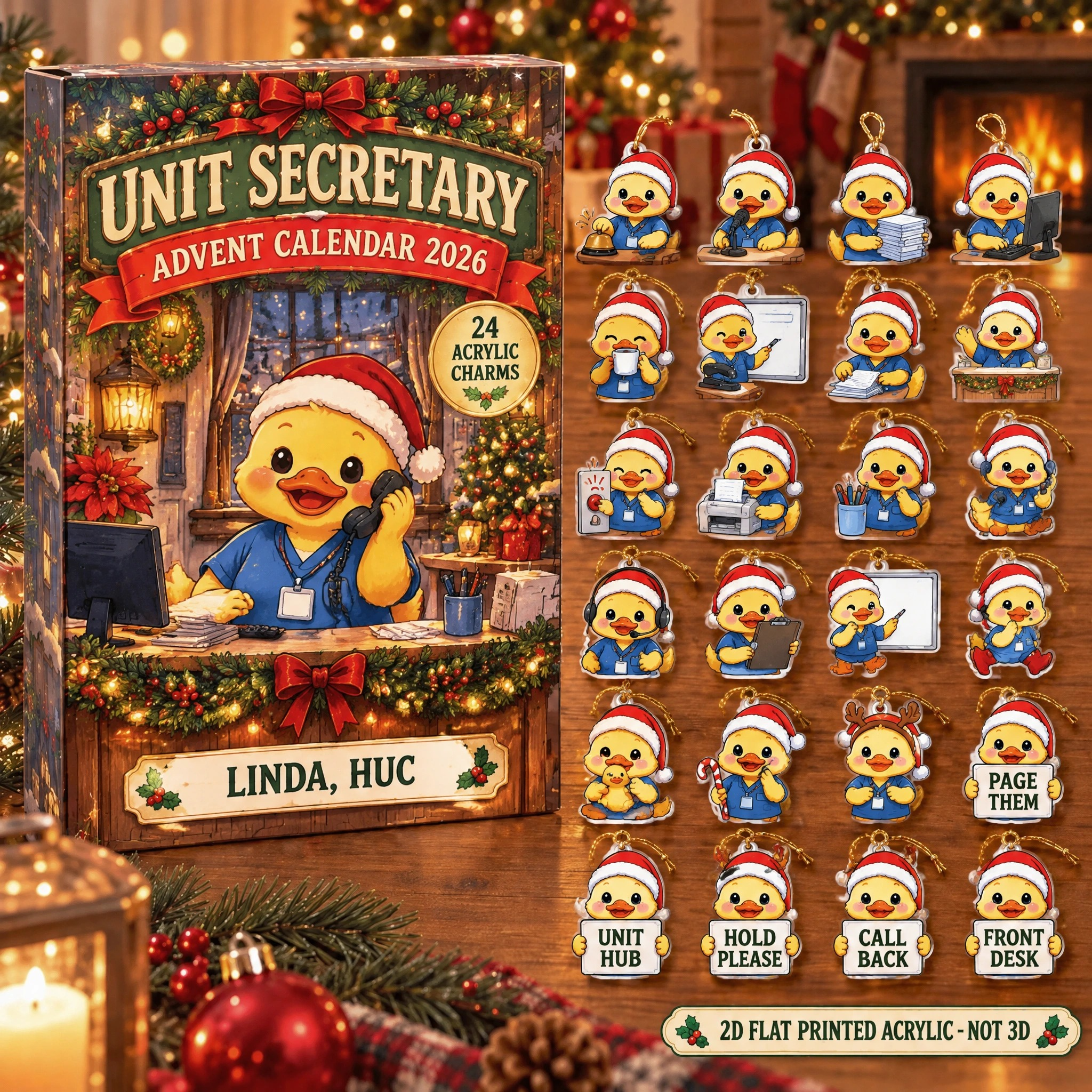 Personalized Unit Secretary Duck advent calendar box with 24 flat acrylic Christmas charms