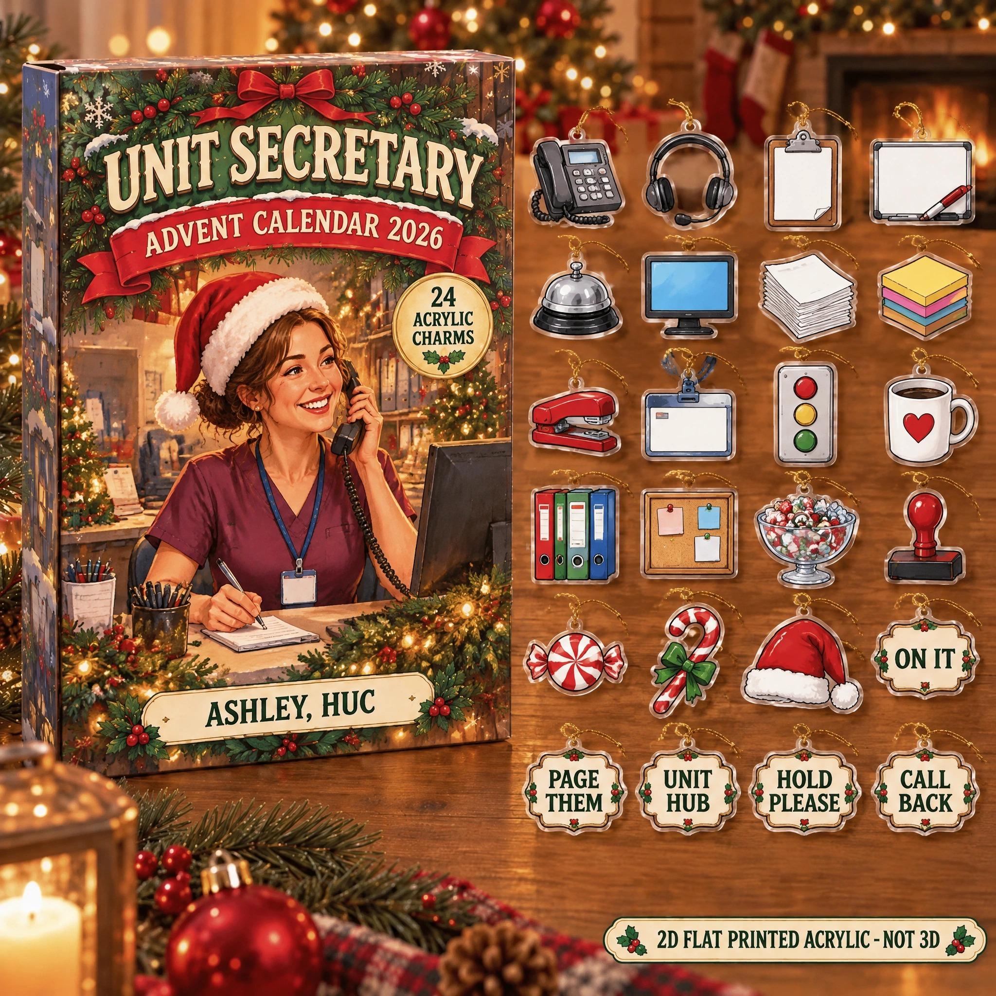 Personalized Unit Secretary Essentials advent calendar box with 24 flat acrylic Christmas charms