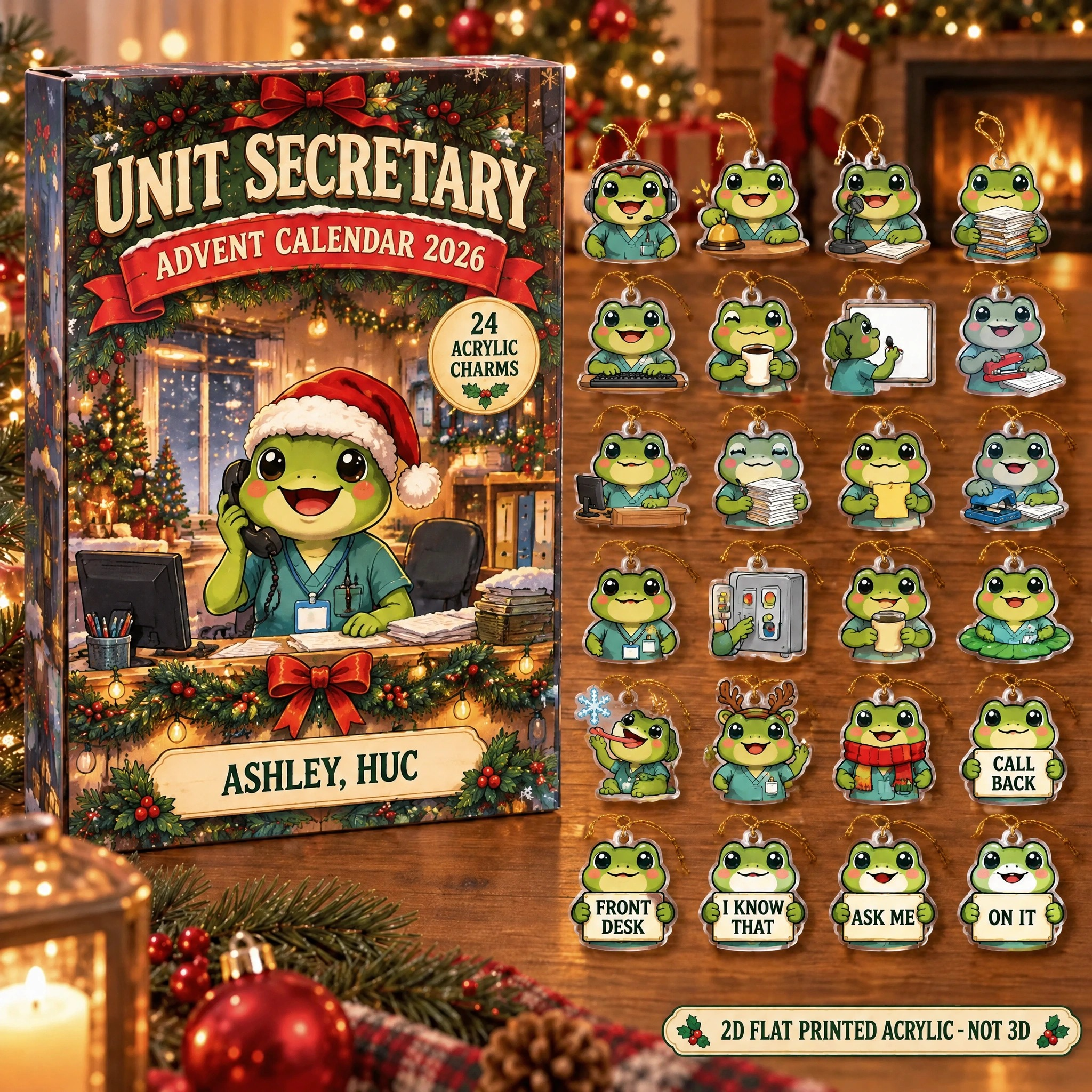 Personalized Unit Secretary Frog advent calendar box with 24 flat acrylic Christmas charms