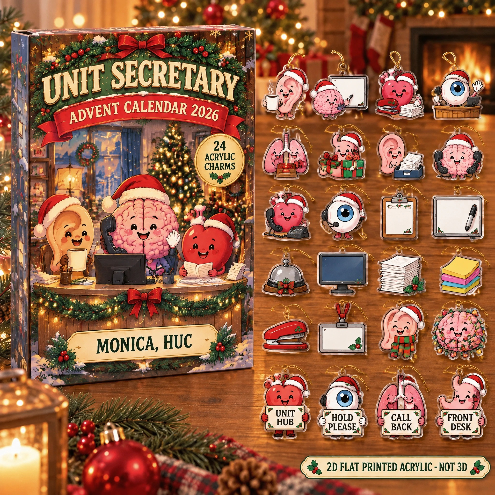 Personalized Funny Anatomy Unit Secretary advent calendar box with 24 flat acrylic Christmas charms