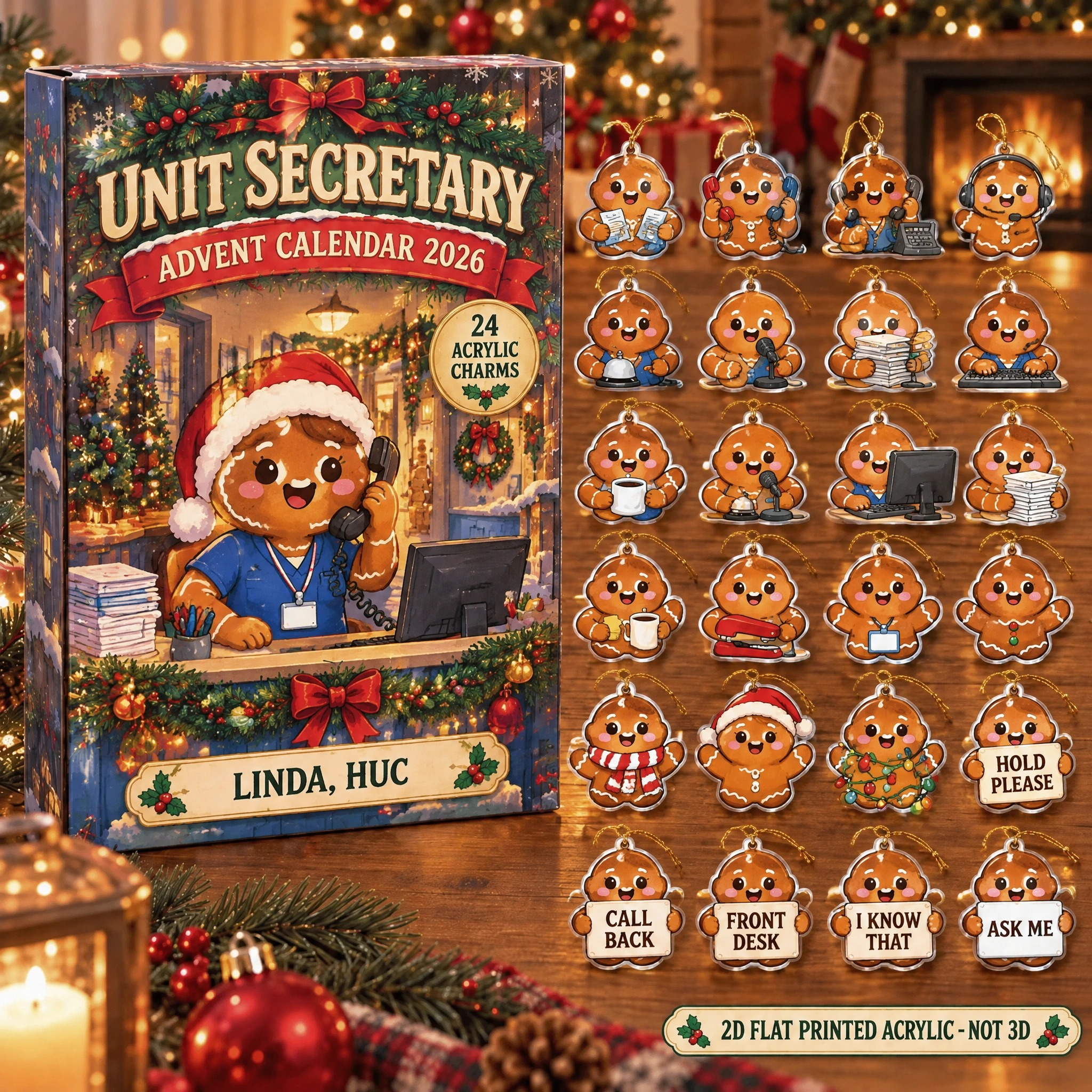 Personalized Gingerbread Unit Secretary advent calendar box with 24 flat acrylic Christmas charms