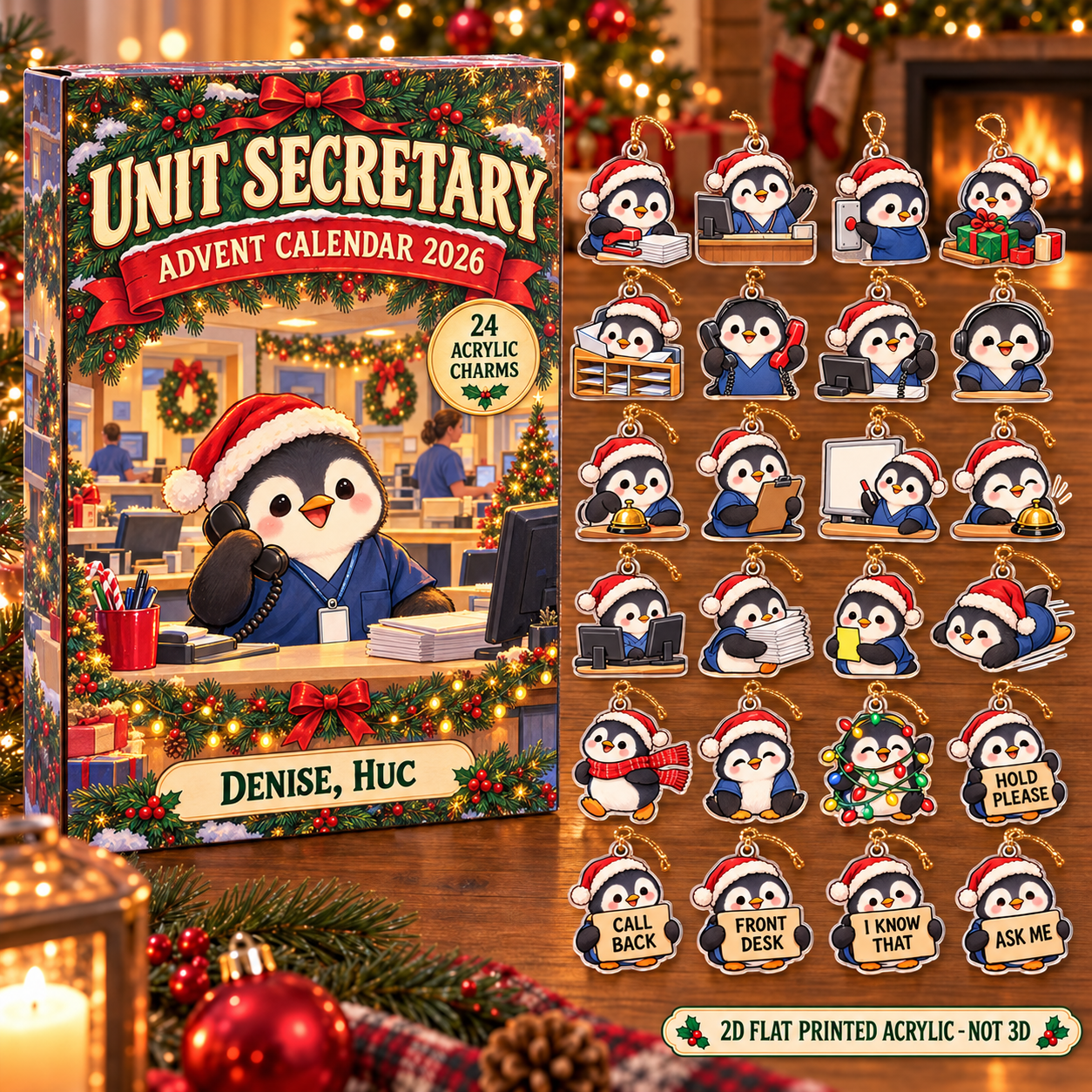 Personalized Unit Secretary Penguin advent calendar box with 24 flat acrylic Christmas charms