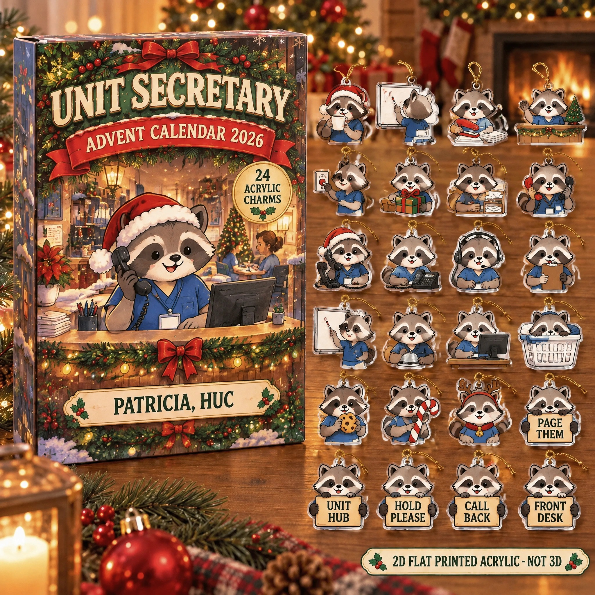 Personalized Unit Secretary Raccoon advent calendar box with 24 flat acrylic Christmas charms