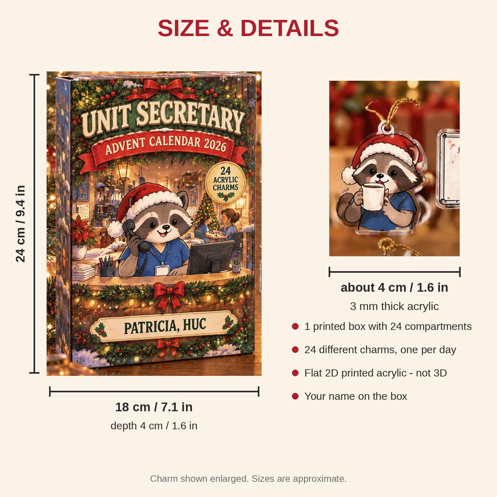 Personalized Unit Secretary Raccoon advent calendar box with 24 flat acrylic Christmas charms: box and charm sizes