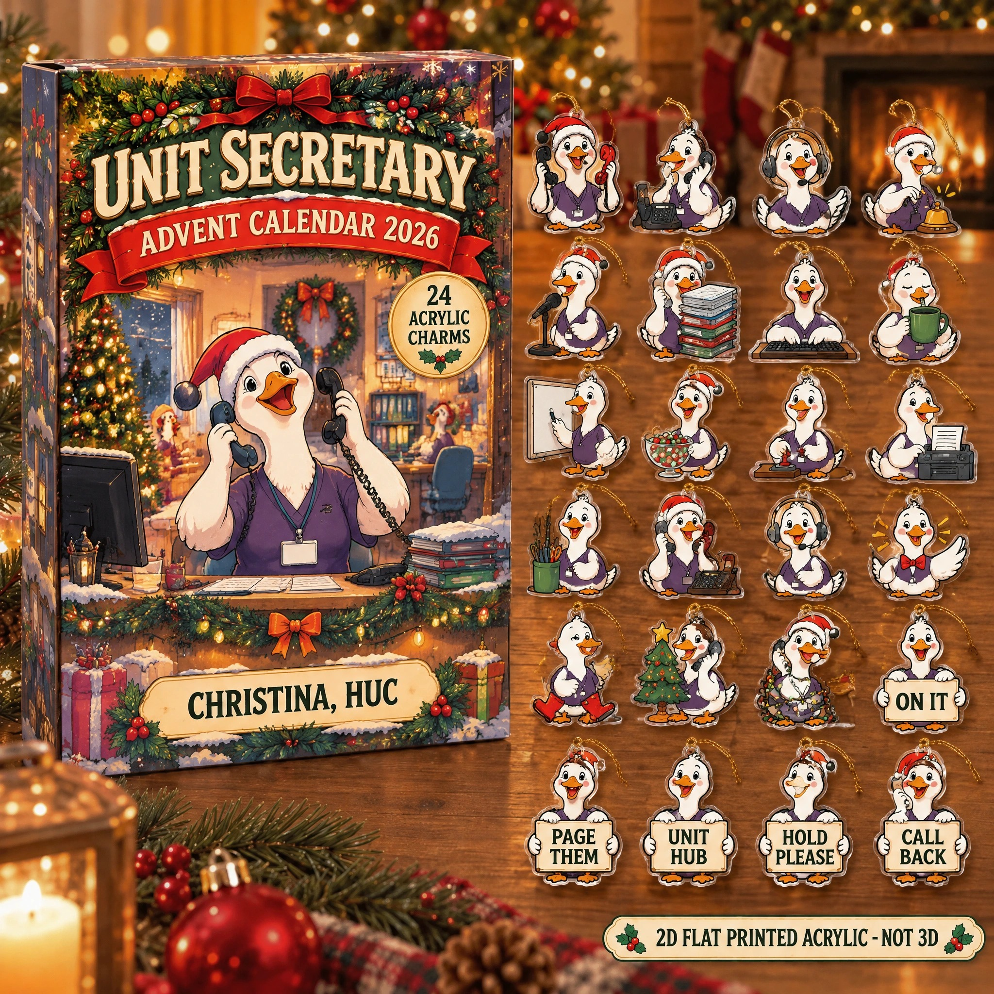 Personalized Unit Secretary Silly Goose advent calendar box with 24 flat acrylic Christmas charms