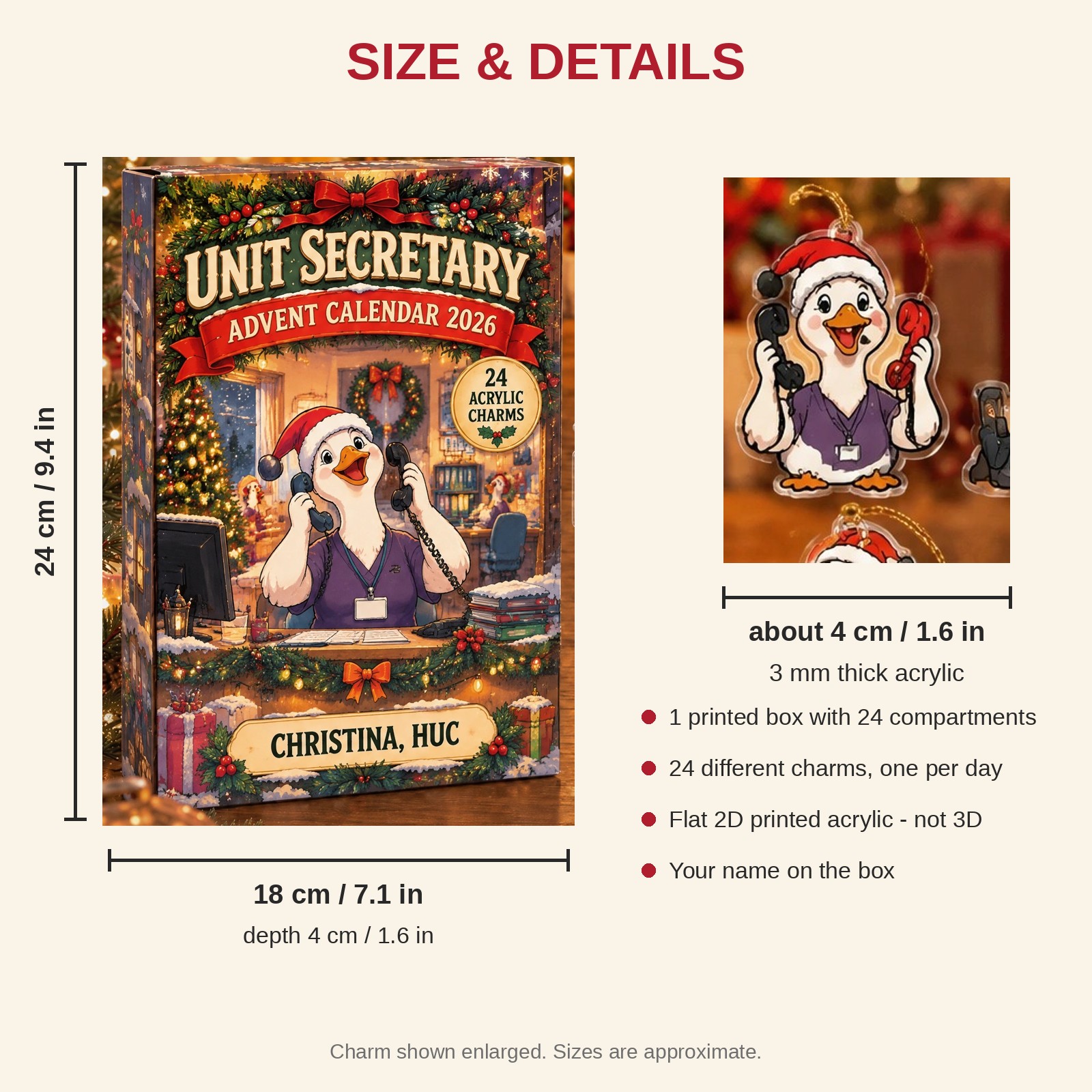 Personalized Unit Secretary Silly Goose advent calendar box with 24 flat acrylic Christmas charms: box and charm sizes