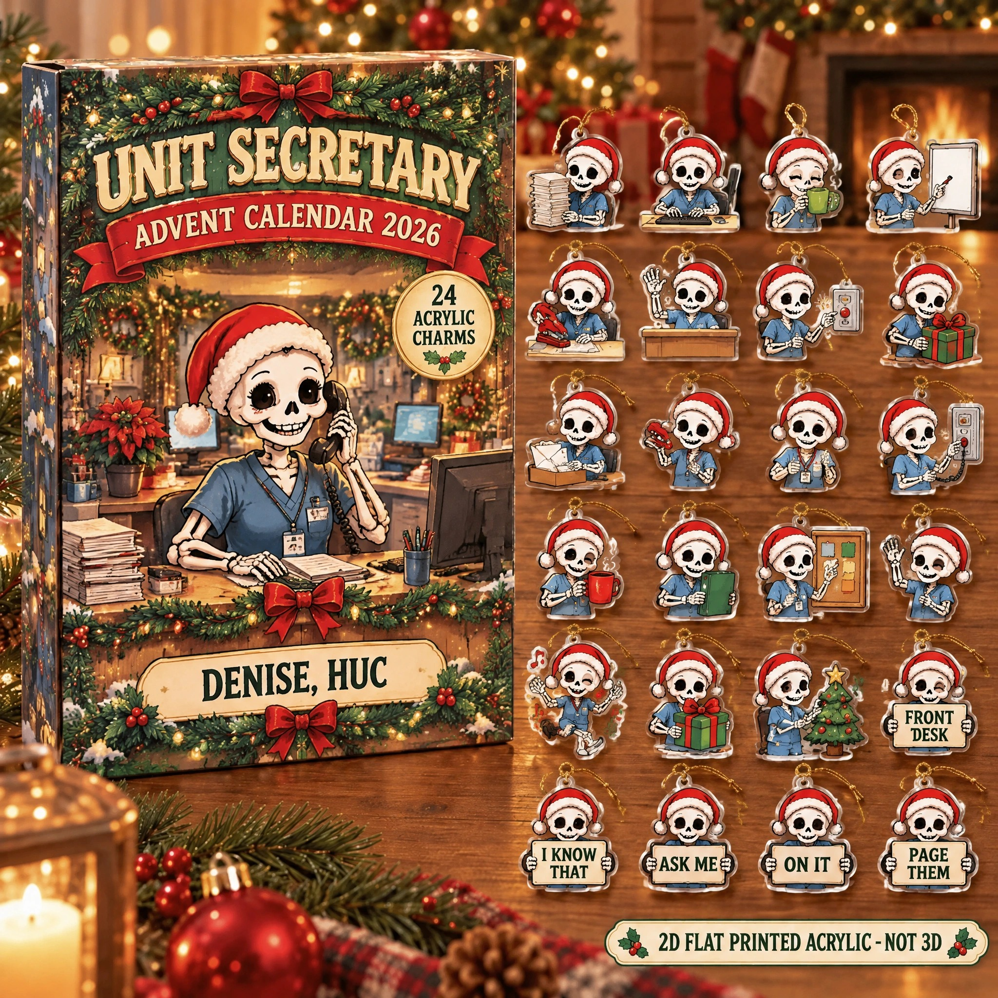 Personalized Unit Secretary Skeleton advent calendar box with 24 flat acrylic Christmas charms