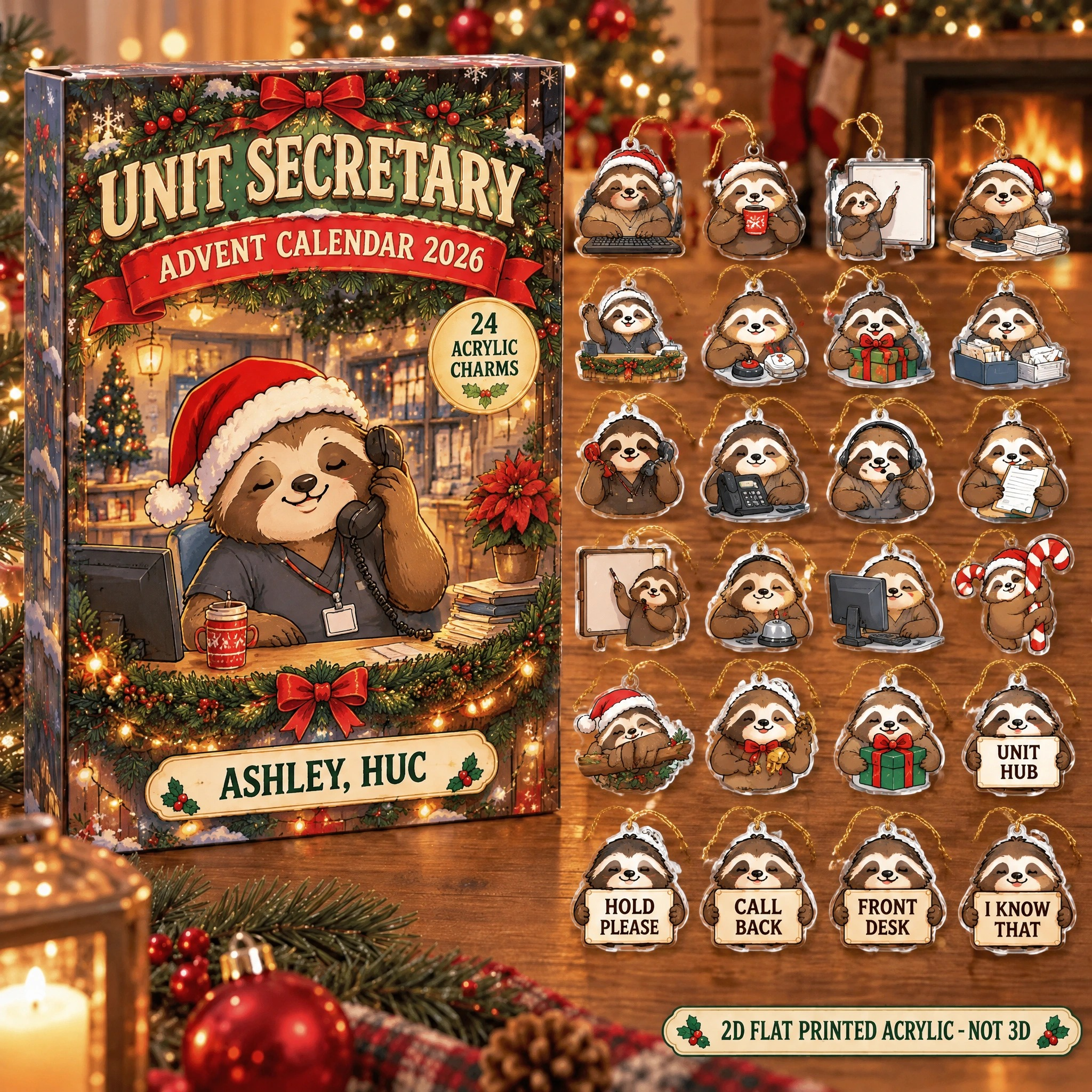 Personalized Unit Secretary Sloth advent calendar box with 24 flat acrylic Christmas charms