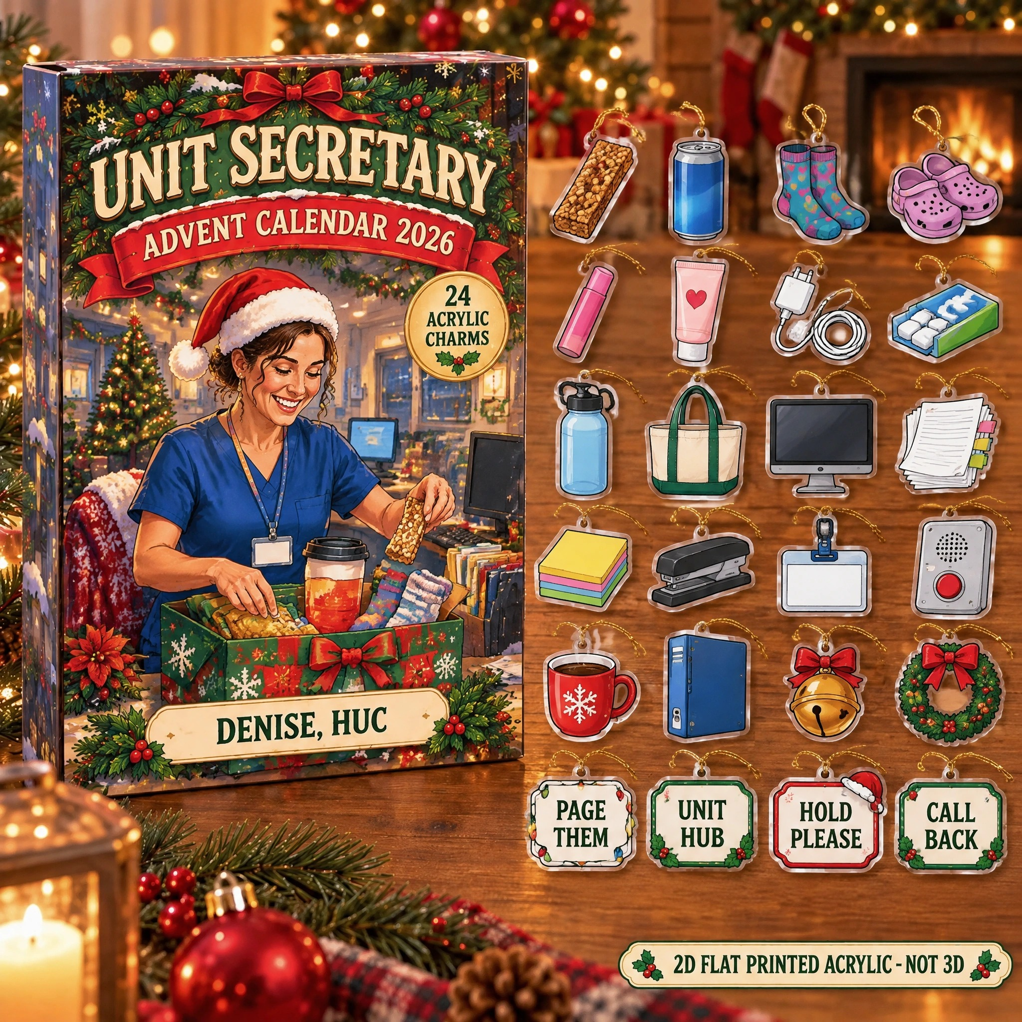 Personalized Unit Secretary Survival Kit advent calendar box with 24 flat acrylic Christmas charms