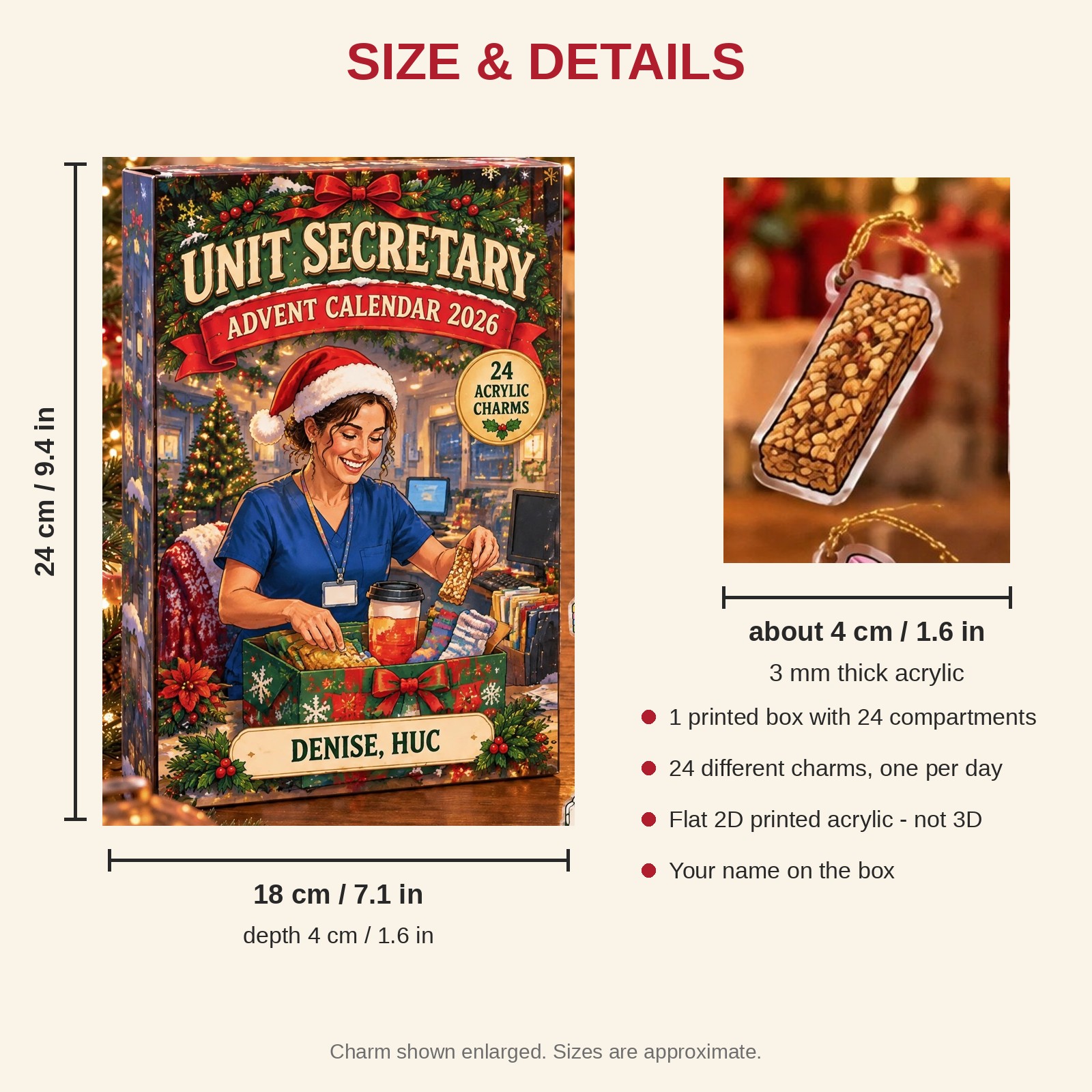 Personalized Unit Secretary Survival Kit advent calendar box with 24 flat acrylic Christmas charms: box and charm sizes