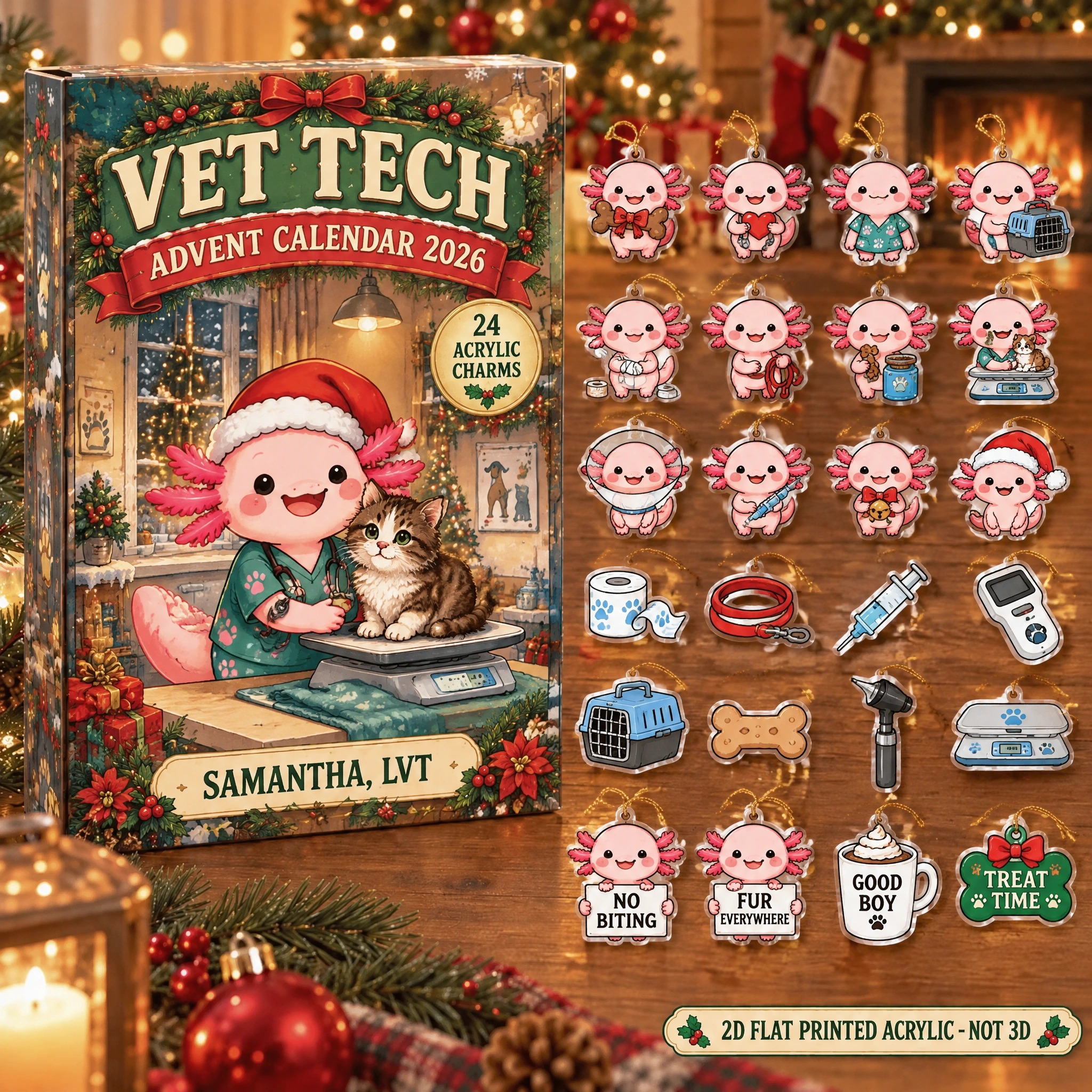 Personalized Vet Tech Axolotl advent calendar box with 24 flat acrylic Christmas charms