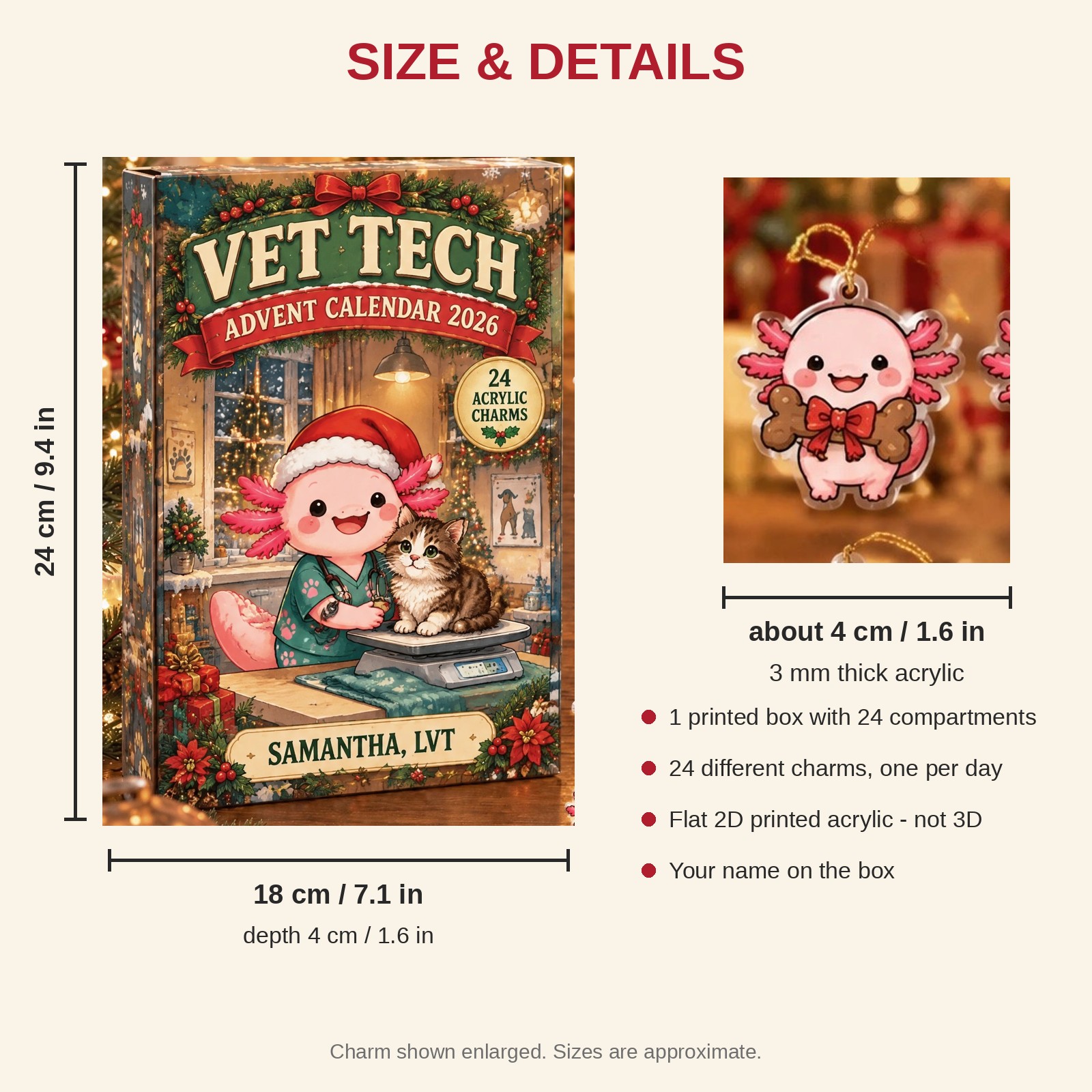 Personalized Vet Tech Axolotl advent calendar box with 24 flat acrylic Christmas charms: box and charm sizes