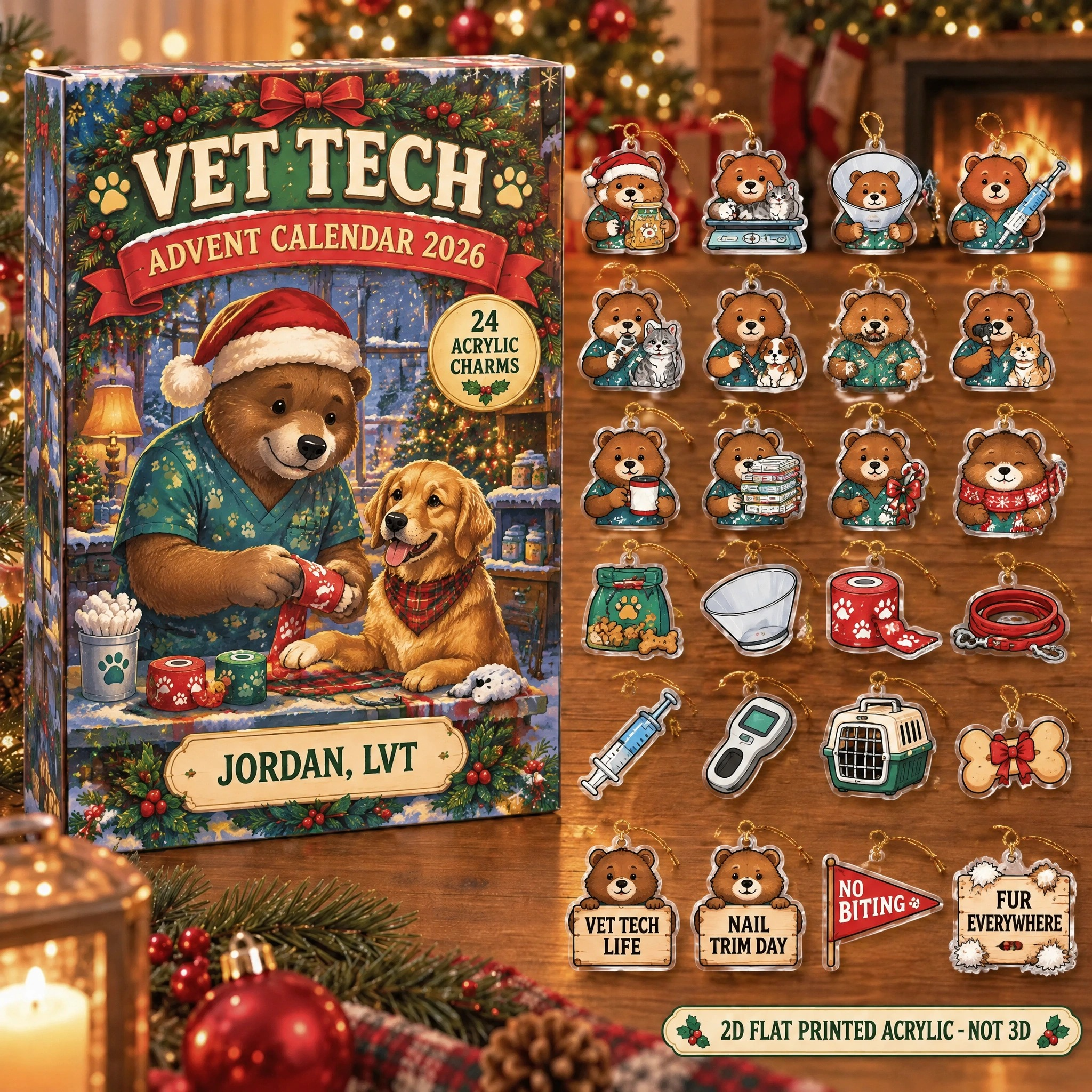 Personalized Vet Tech Bear advent calendar box with 24 flat acrylic Christmas charms
