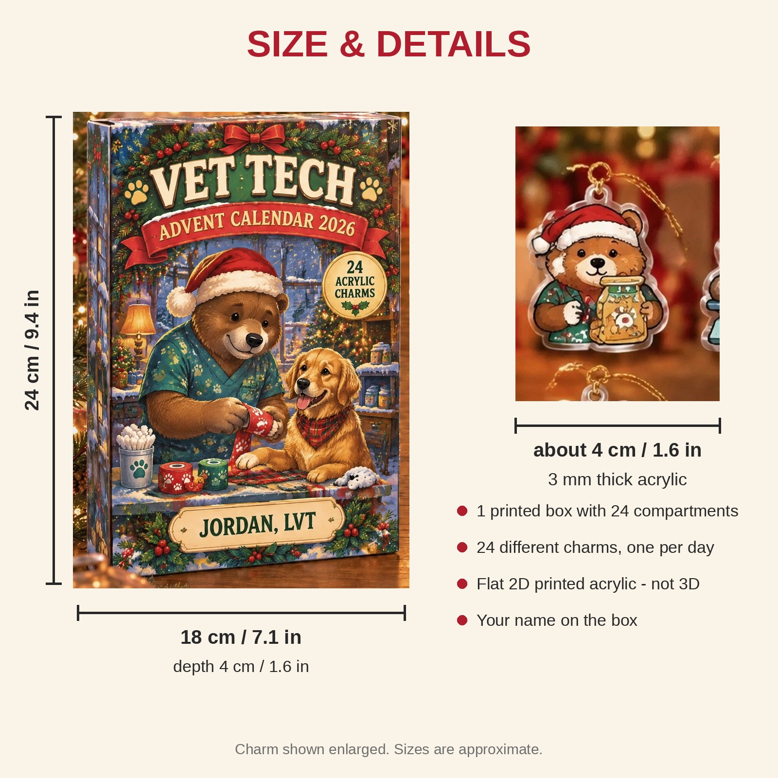 Personalized Vet Tech Bear advent calendar box with 24 flat acrylic Christmas charms: box and charm sizes