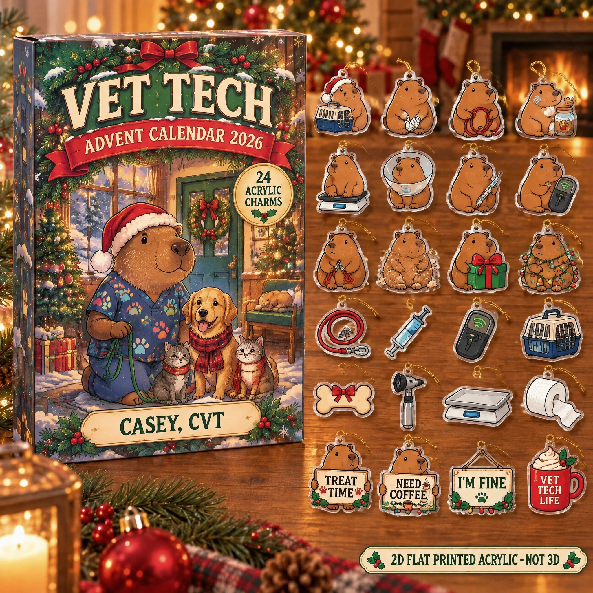 Personalized Vet Tech Capybara advent calendar box with 24 flat acrylic Christmas charms