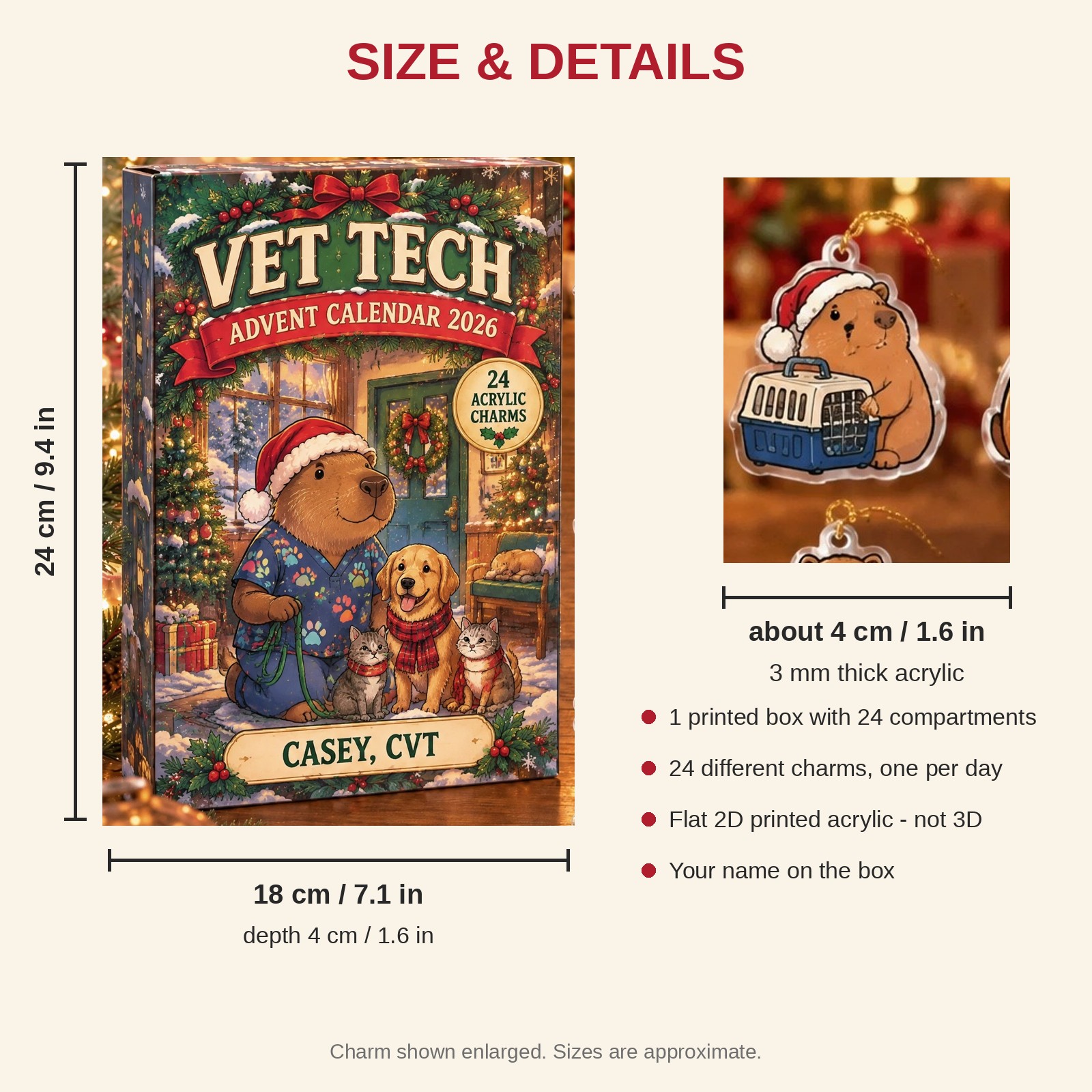 Personalized Vet Tech Capybara advent calendar box with 24 flat acrylic Christmas charms: box and charm sizes