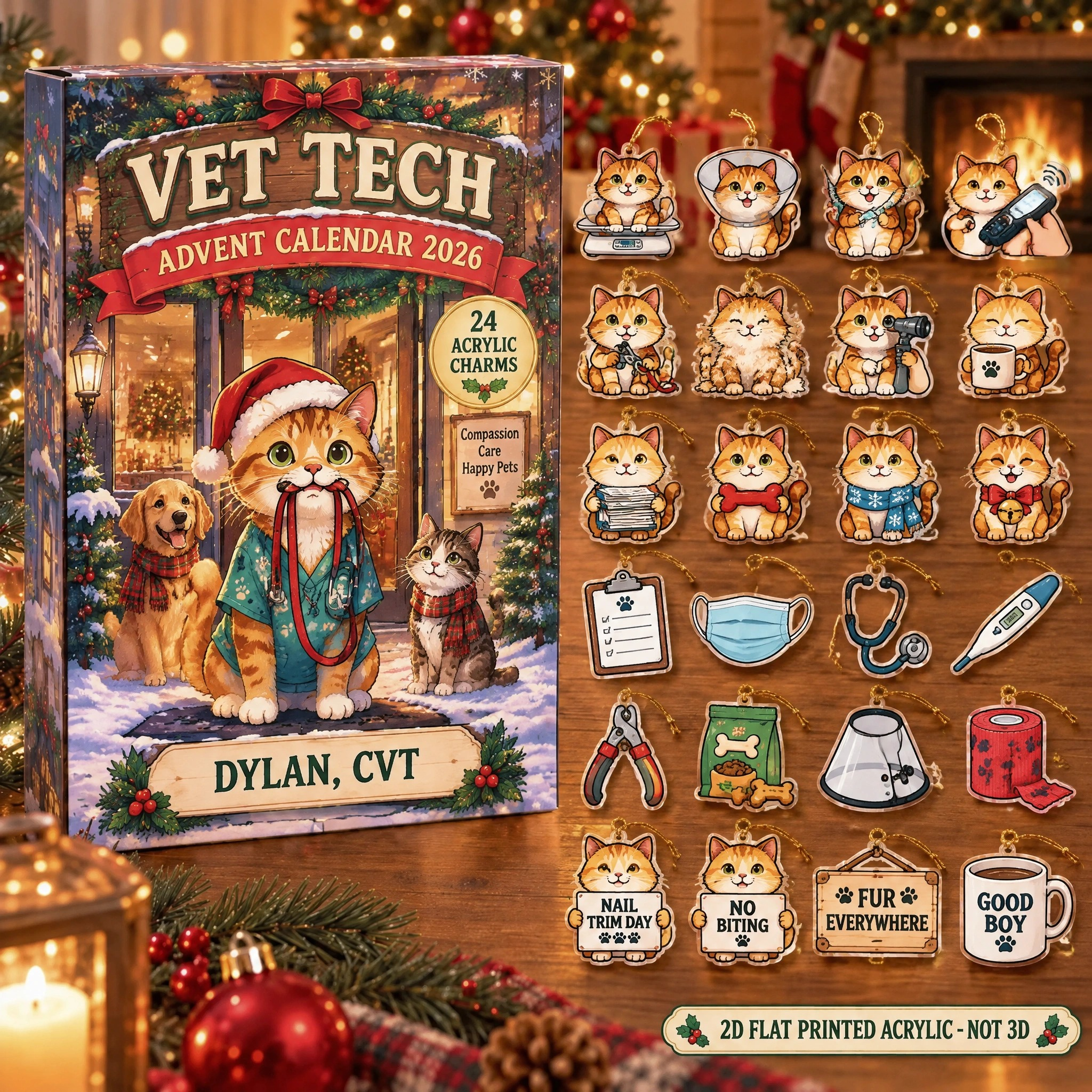 Personalized Vet Tech Cat advent calendar box with 24 flat acrylic Christmas charms