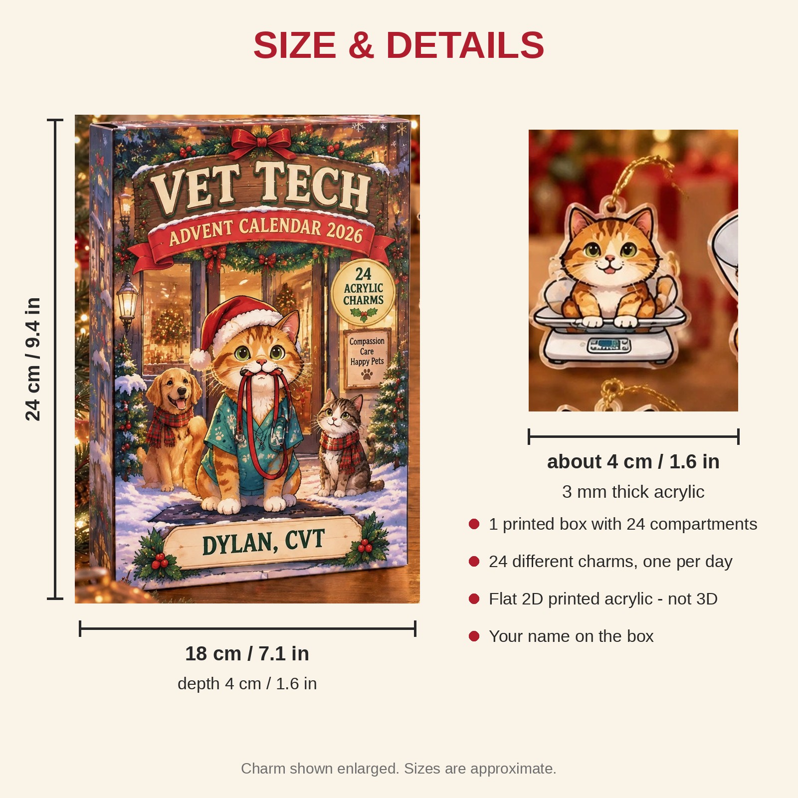 Personalized Vet Tech Cat advent calendar box with 24 flat acrylic Christmas charms: box and charm sizes