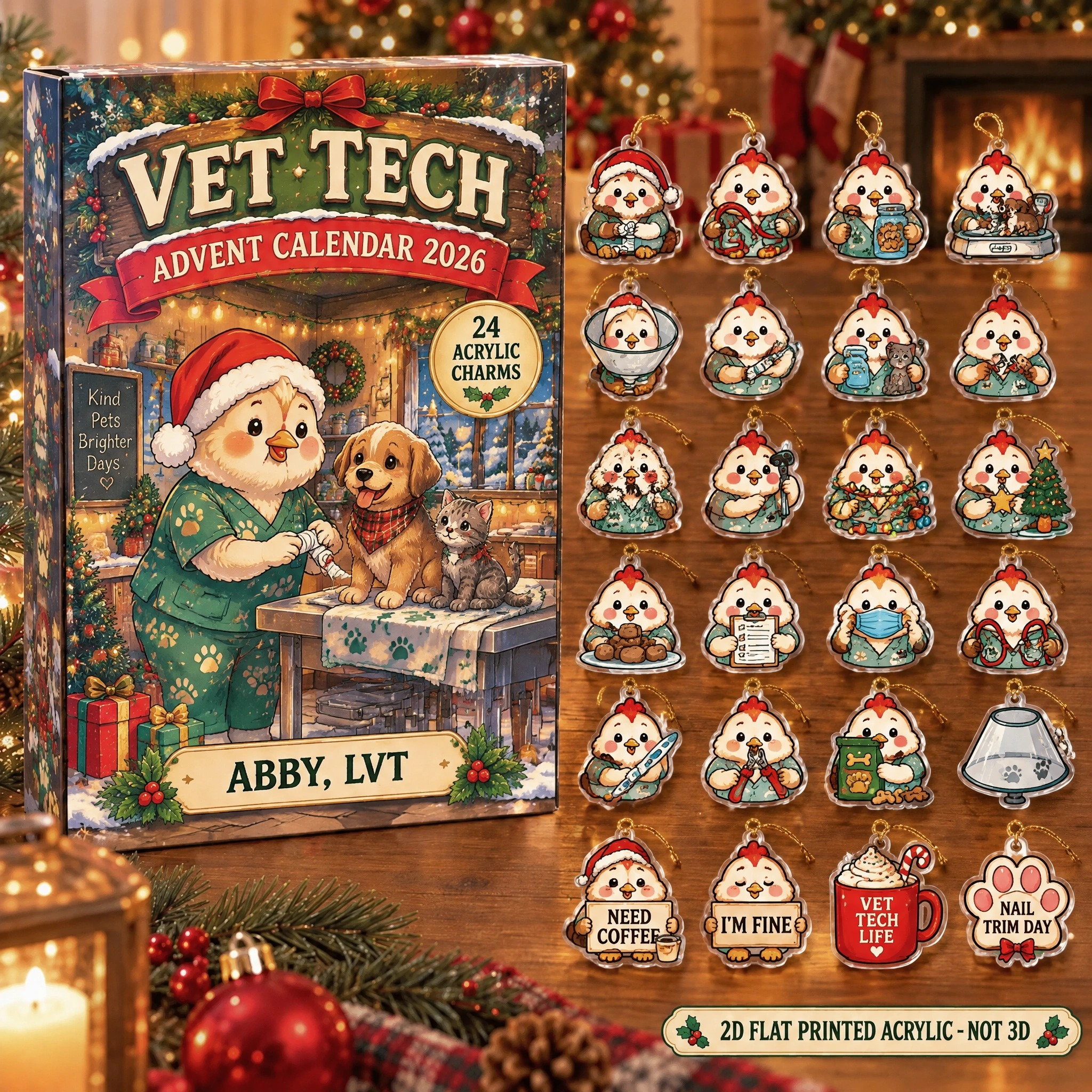 Personalized Vet Tech Chicken advent calendar box with 24 flat acrylic Christmas charms