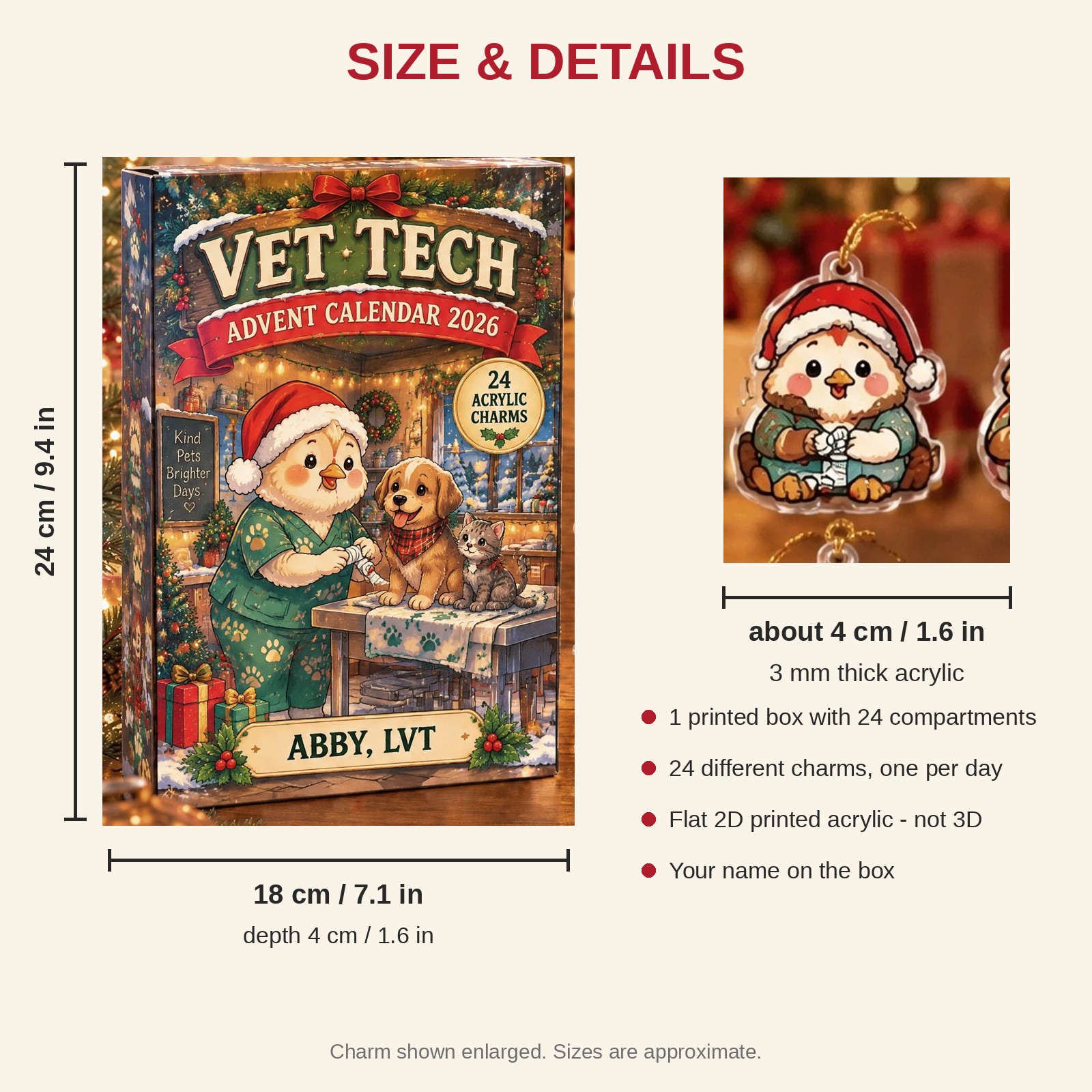 Personalized Vet Tech Chicken advent calendar box with 24 flat acrylic Christmas charms: box and charm sizes