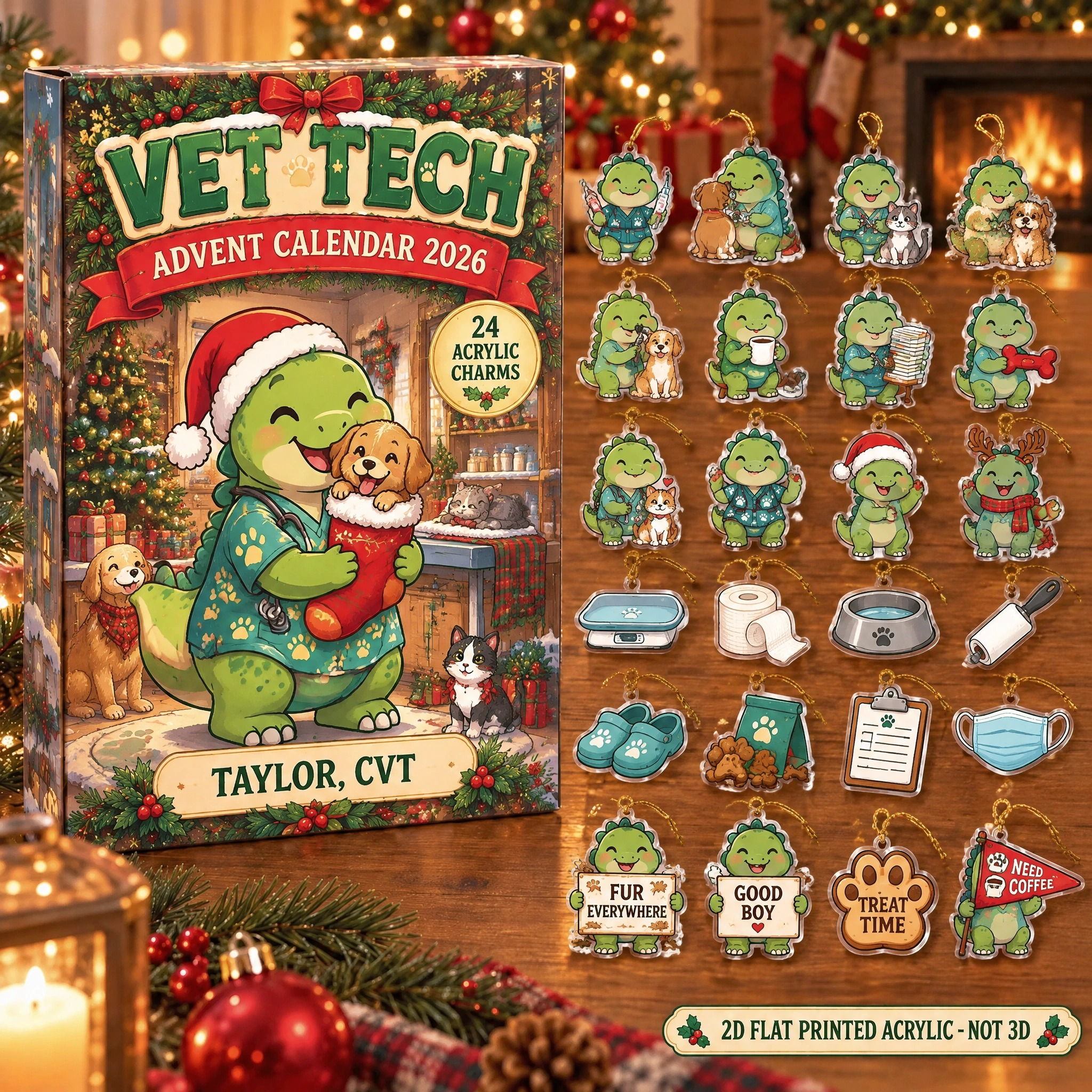 Personalized Vet Tech Dinosaur advent calendar box with 24 flat acrylic Christmas charms