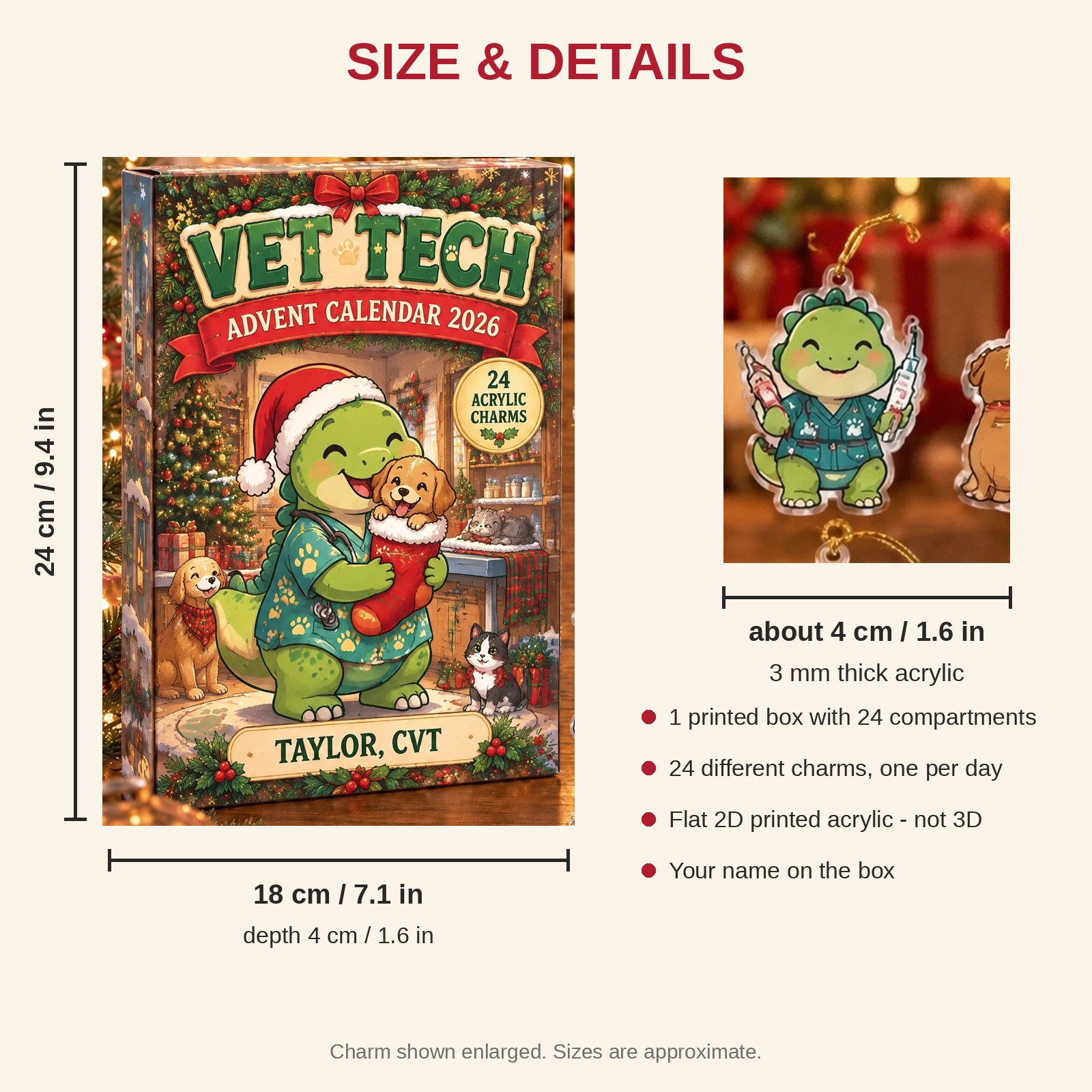 Personalized Vet Tech Dinosaur advent calendar box with 24 flat acrylic Christmas charms: box and charm sizes