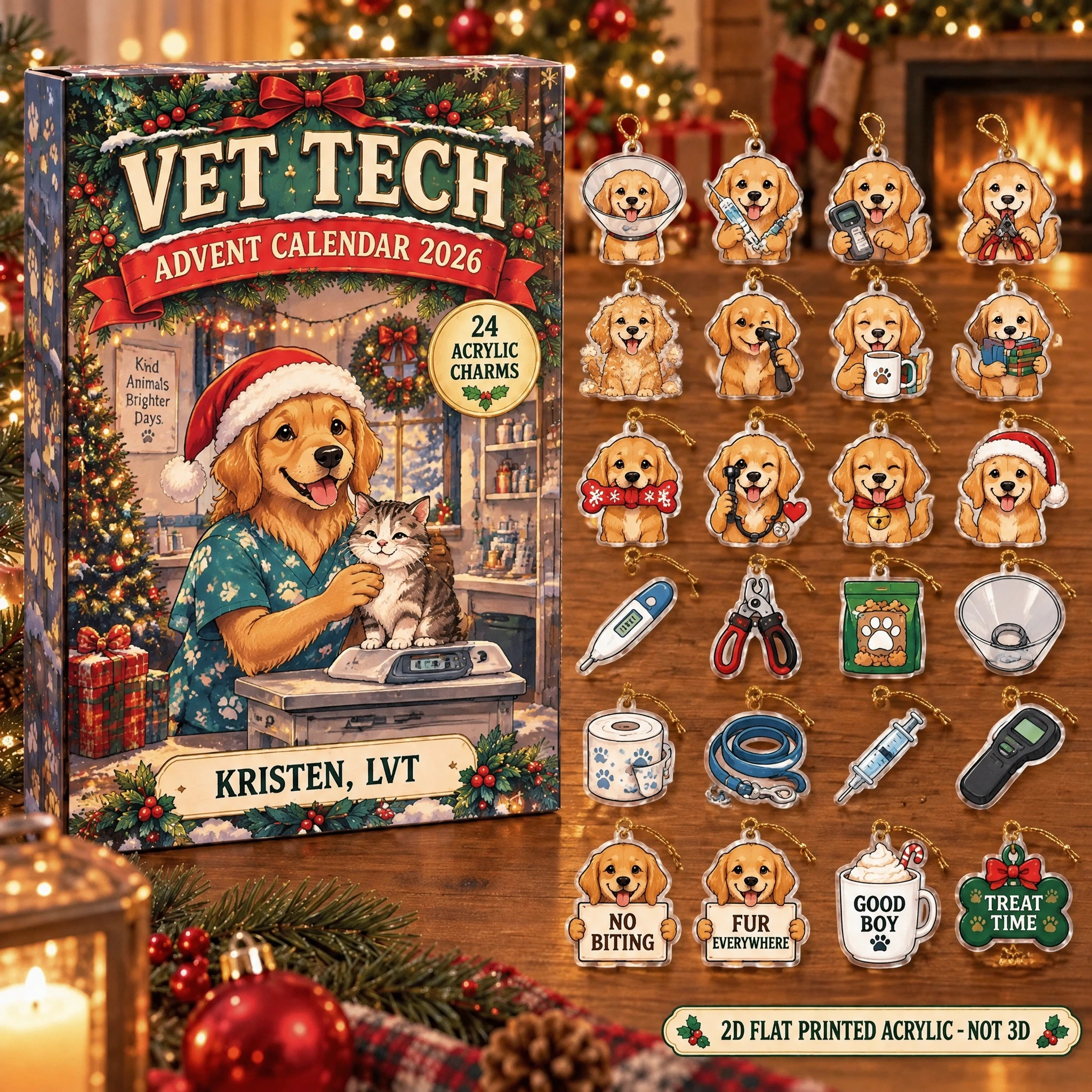 Personalized Vet Tech Dog advent calendar box with 24 flat acrylic Christmas charms