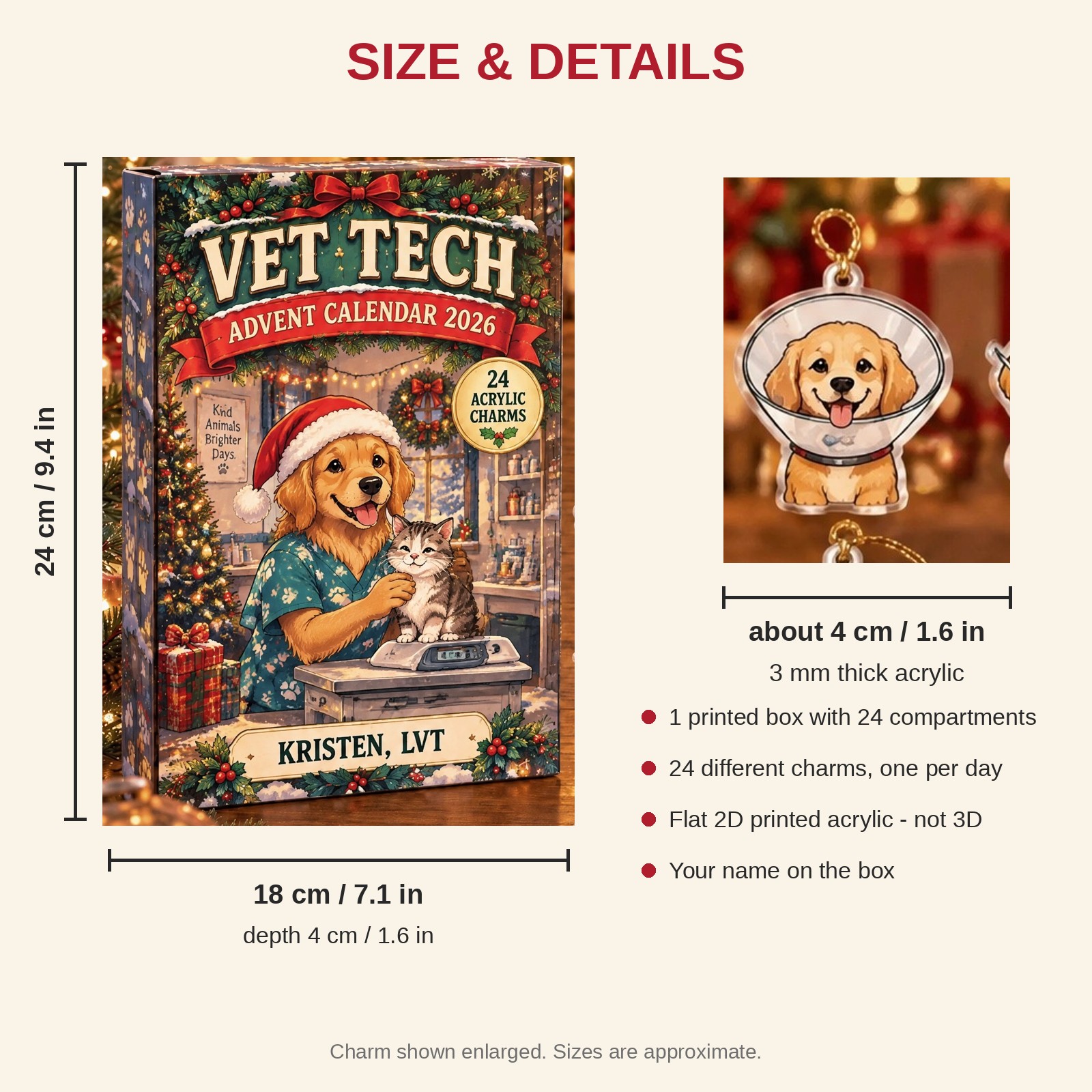 Personalized Vet Tech Dog advent calendar box with 24 flat acrylic Christmas charms: box and charm sizes