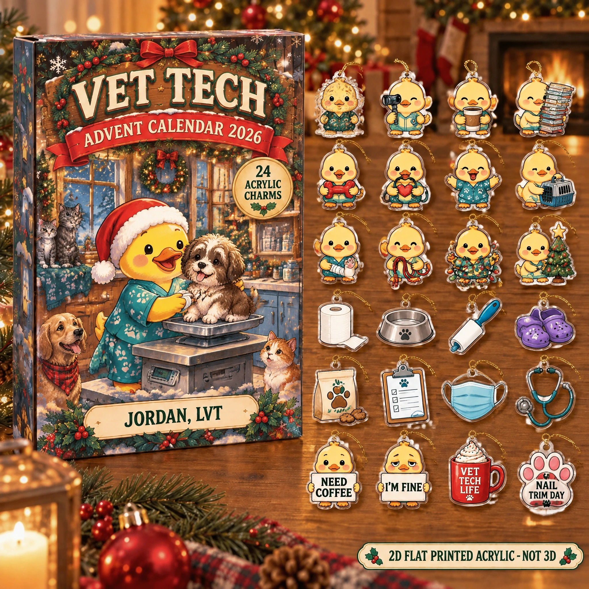 Personalized Vet Tech Duck advent calendar box with 24 flat acrylic Christmas charms