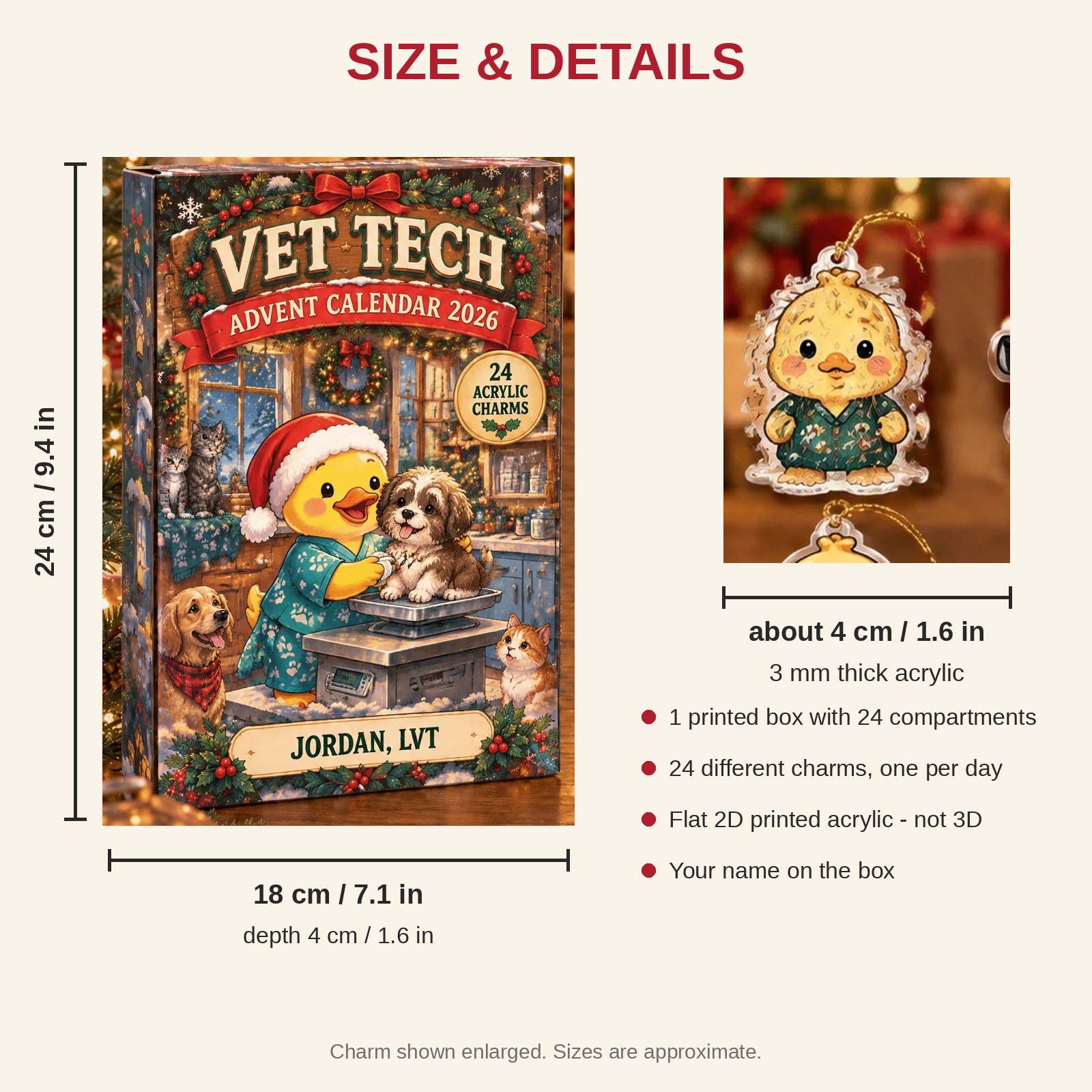 Personalized Vet Tech Duck advent calendar box with 24 flat acrylic Christmas charms: box and charm sizes