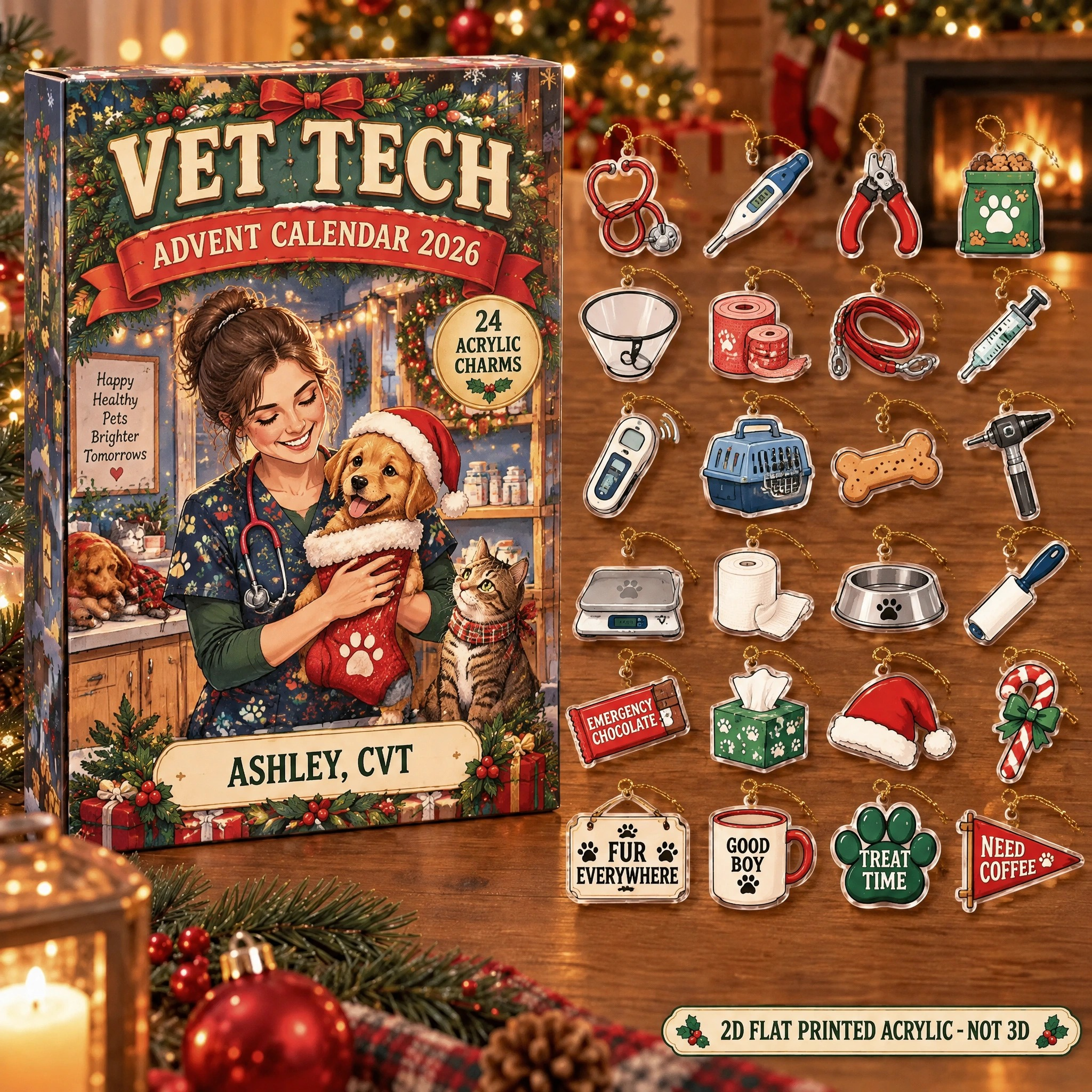 Personalized Vet Tech Essentials advent calendar box with 24 flat acrylic Christmas charms