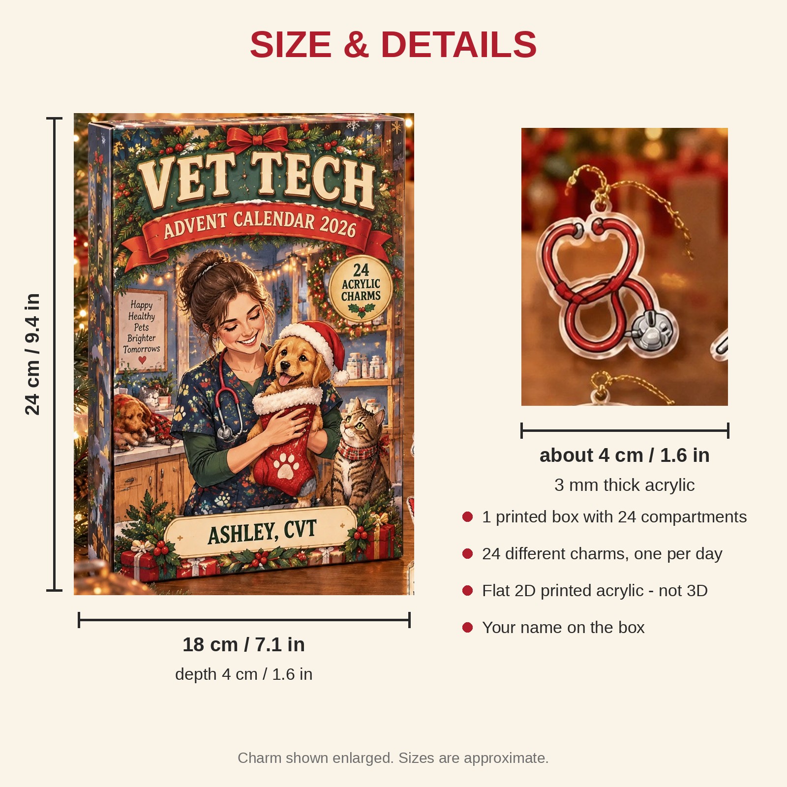 Personalized Vet Tech Essentials advent calendar box with 24 flat acrylic Christmas charms: box and charm sizes