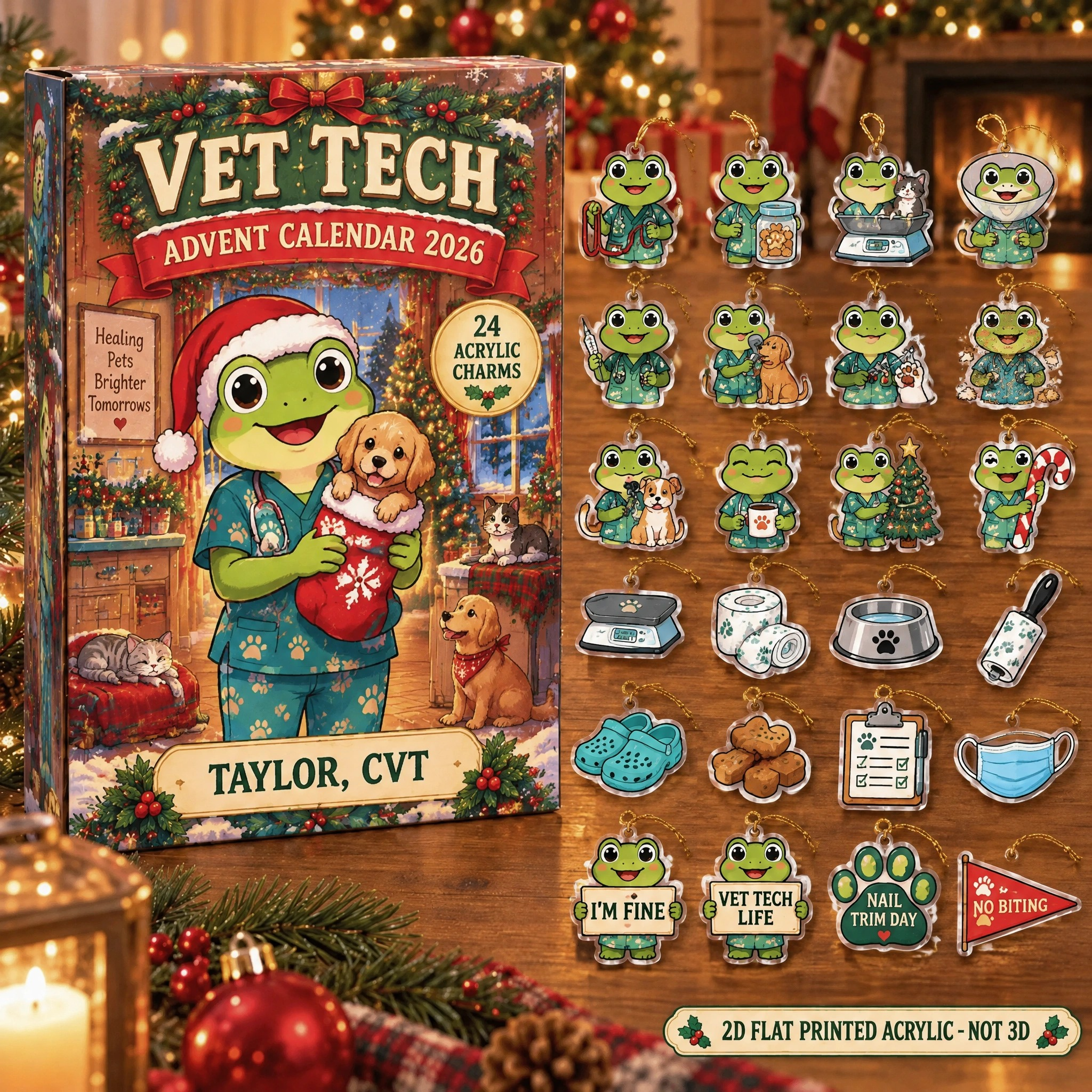 Personalized Vet Tech Frog advent calendar box with 24 flat acrylic Christmas charms