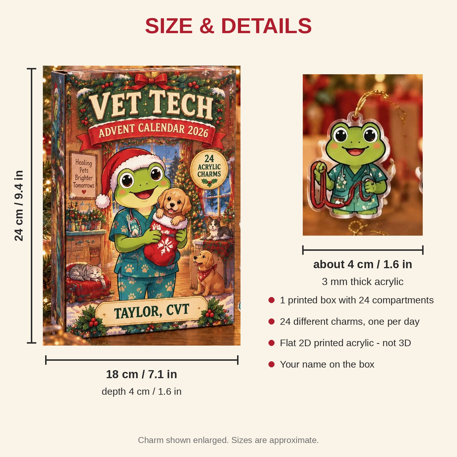 Personalized Vet Tech Frog advent calendar box with 24 flat acrylic Christmas charms: box and charm sizes