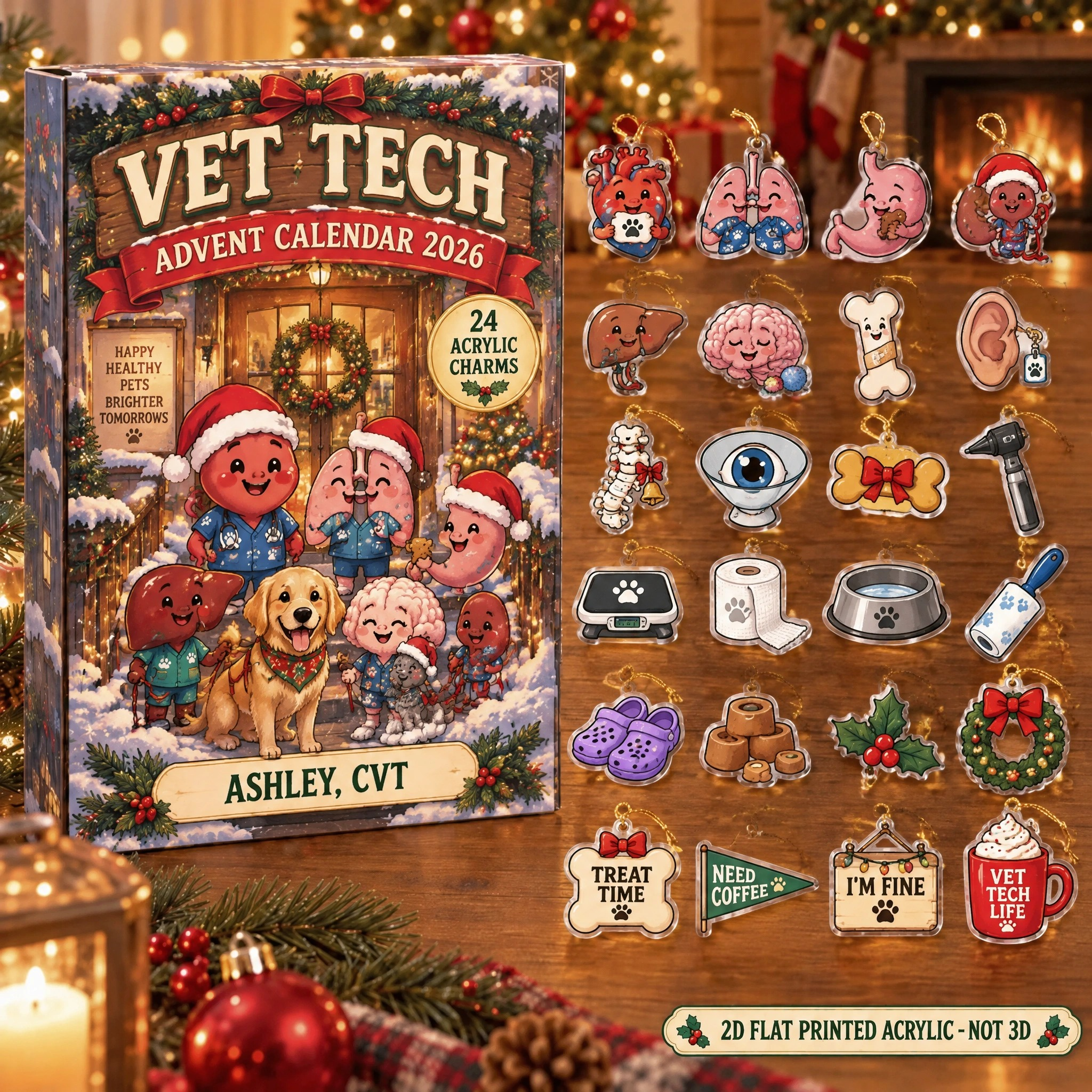 Personalized Funny Anatomy Vet Tech advent calendar box with 24 flat acrylic Christmas charms