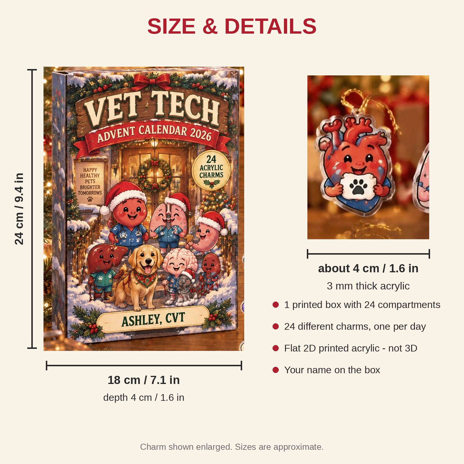 Personalized Funny Anatomy Vet Tech advent calendar box with 24 flat acrylic Christmas charms: box and charm sizes