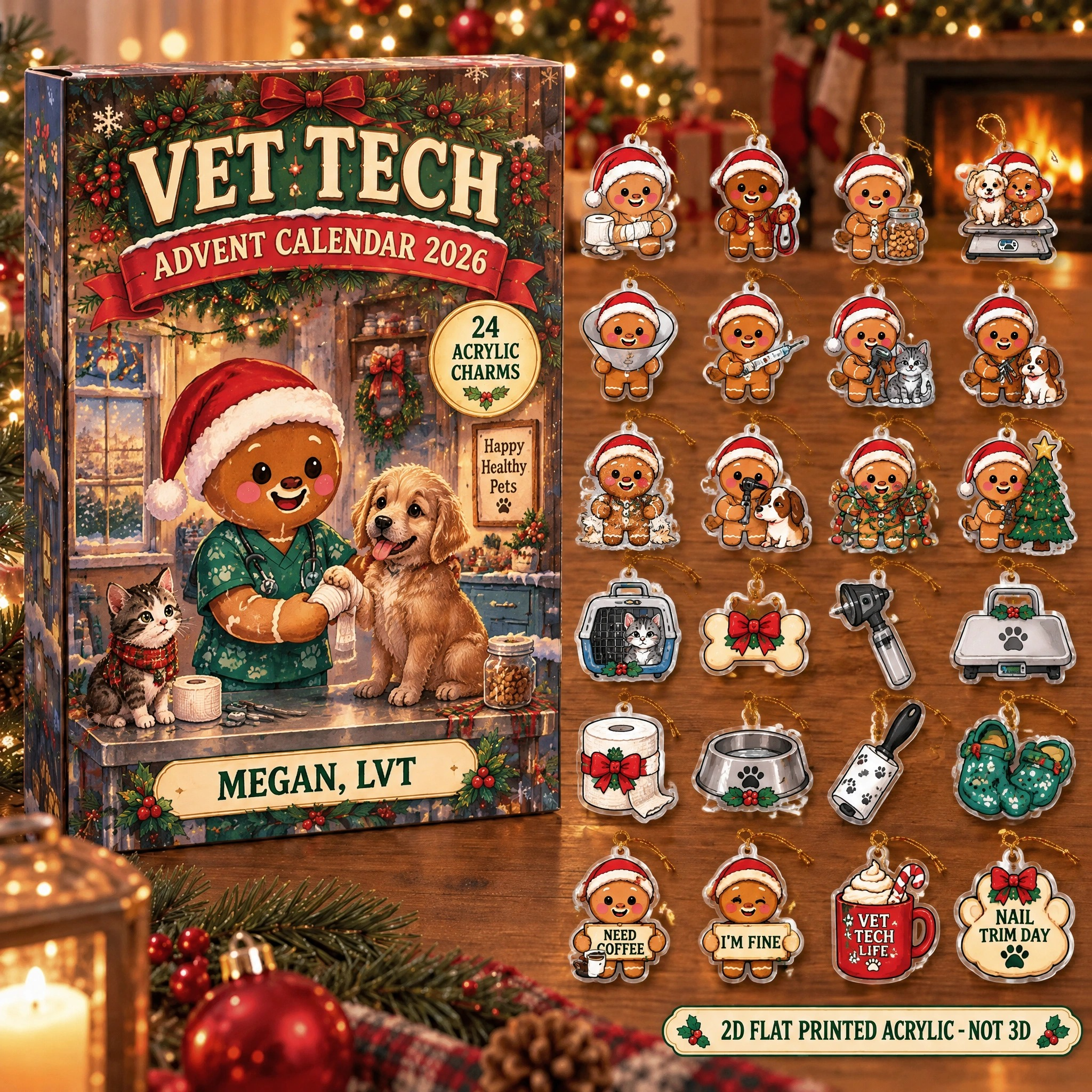 Personalized Vet Tech Gingerbread advent calendar box with 24 flat acrylic Christmas charms