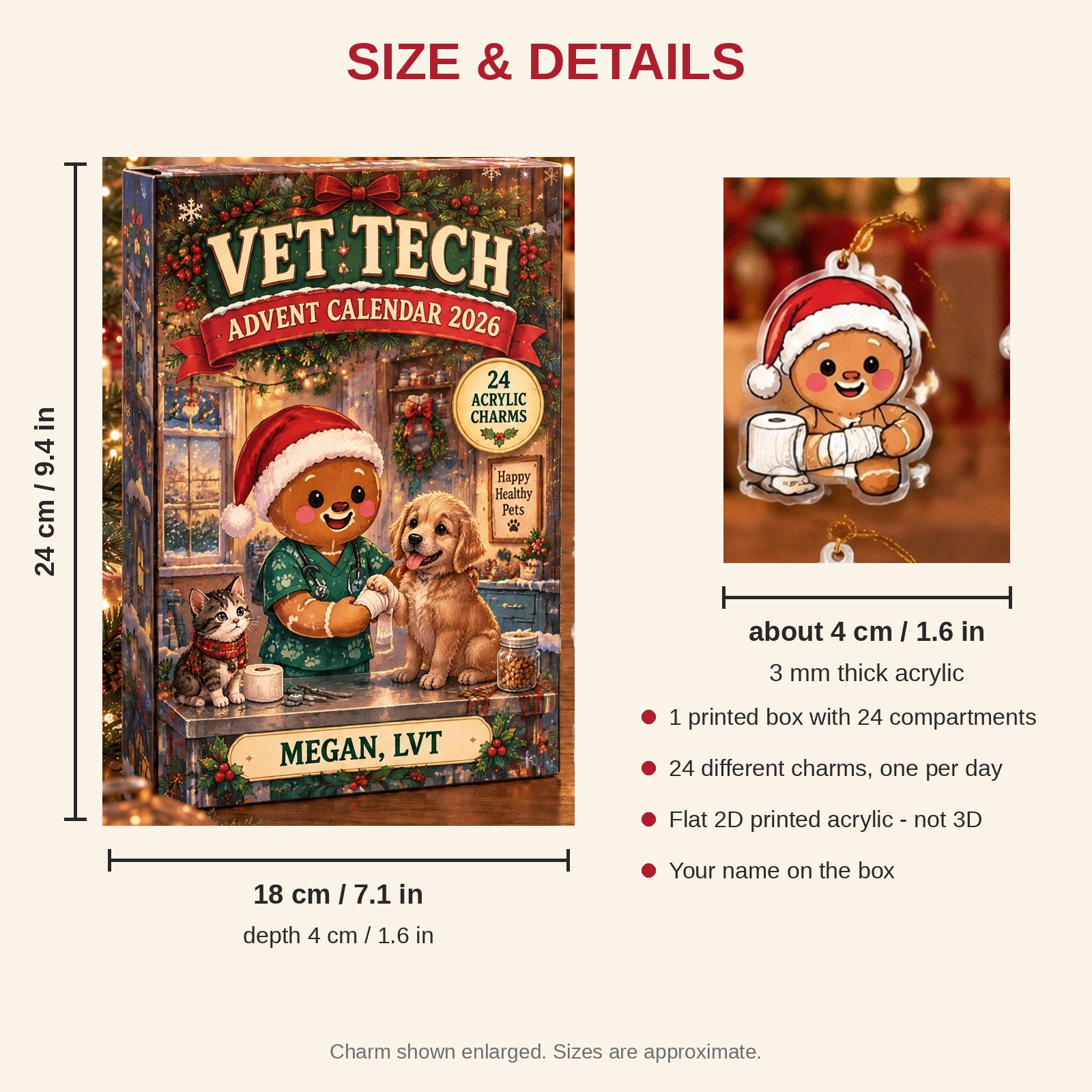 Personalized Vet Tech Gingerbread advent calendar box with 24 flat acrylic Christmas charms: box and charm sizes