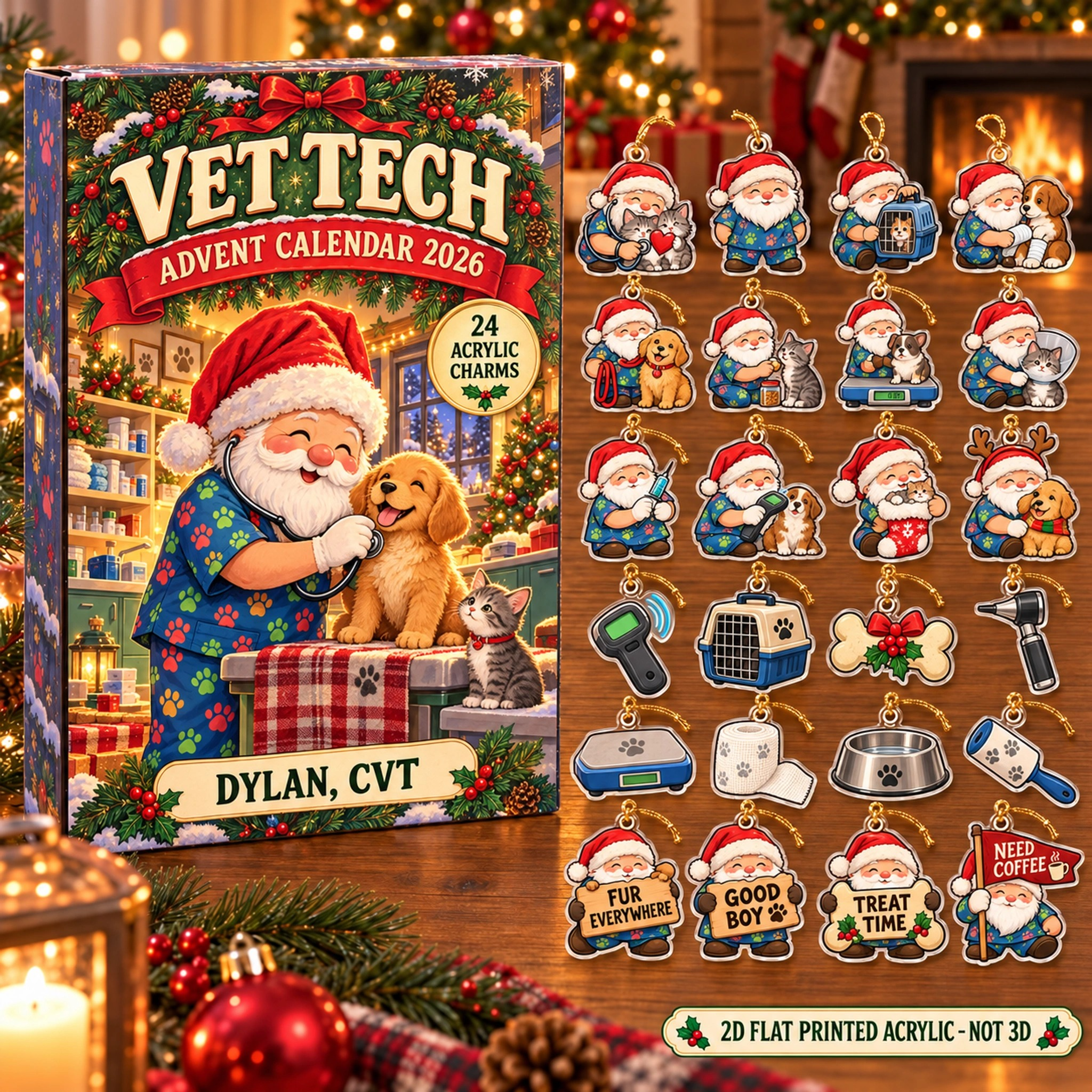 Personalized Vet Tech Gnome advent calendar box with 24 flat acrylic Christmas charms