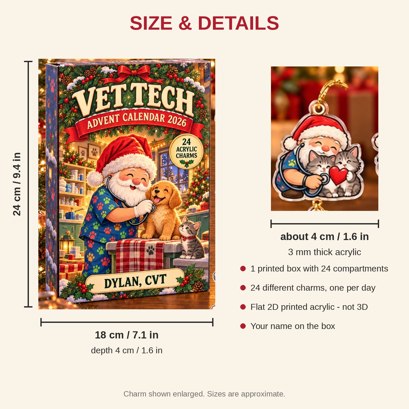 Personalized Vet Tech Gnome advent calendar box with 24 flat acrylic Christmas charms: box and charm sizes
